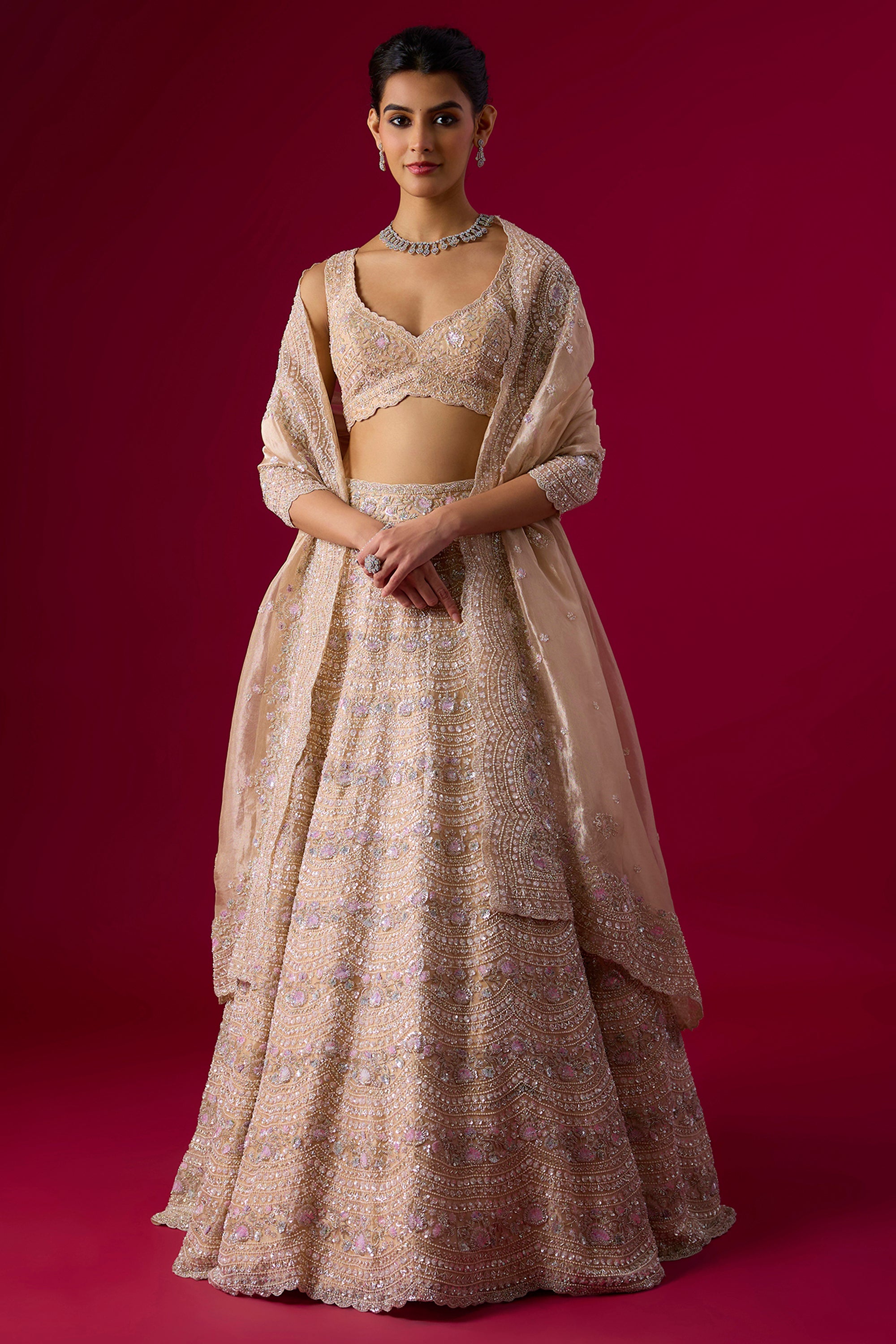 Peach Tissue Sequins Embroidered Lehenga Set