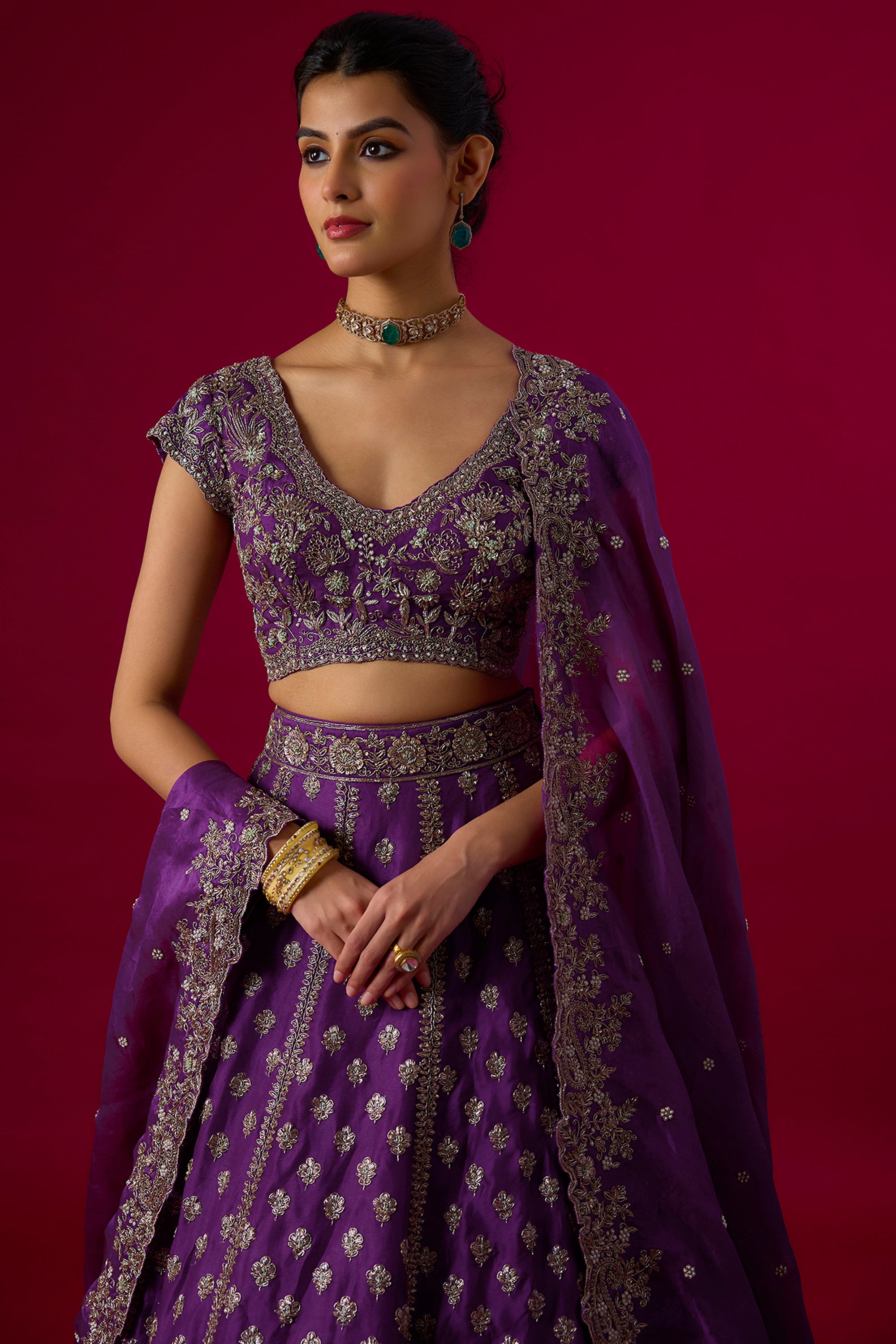 Violet Organza Pearl Embroidered Lehenga Set
