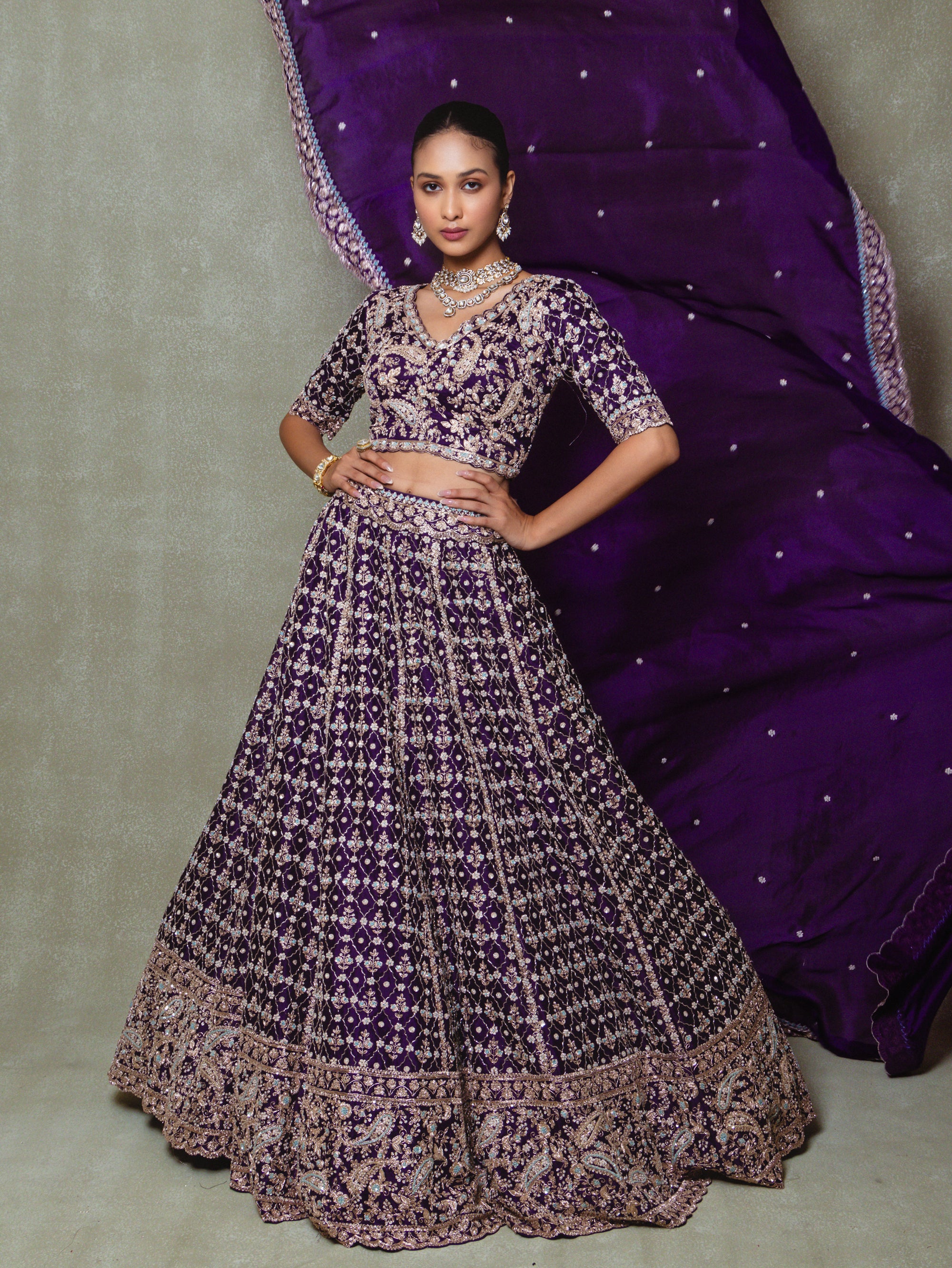 Purple Organza Cutdana Embroidered Lehenga Set