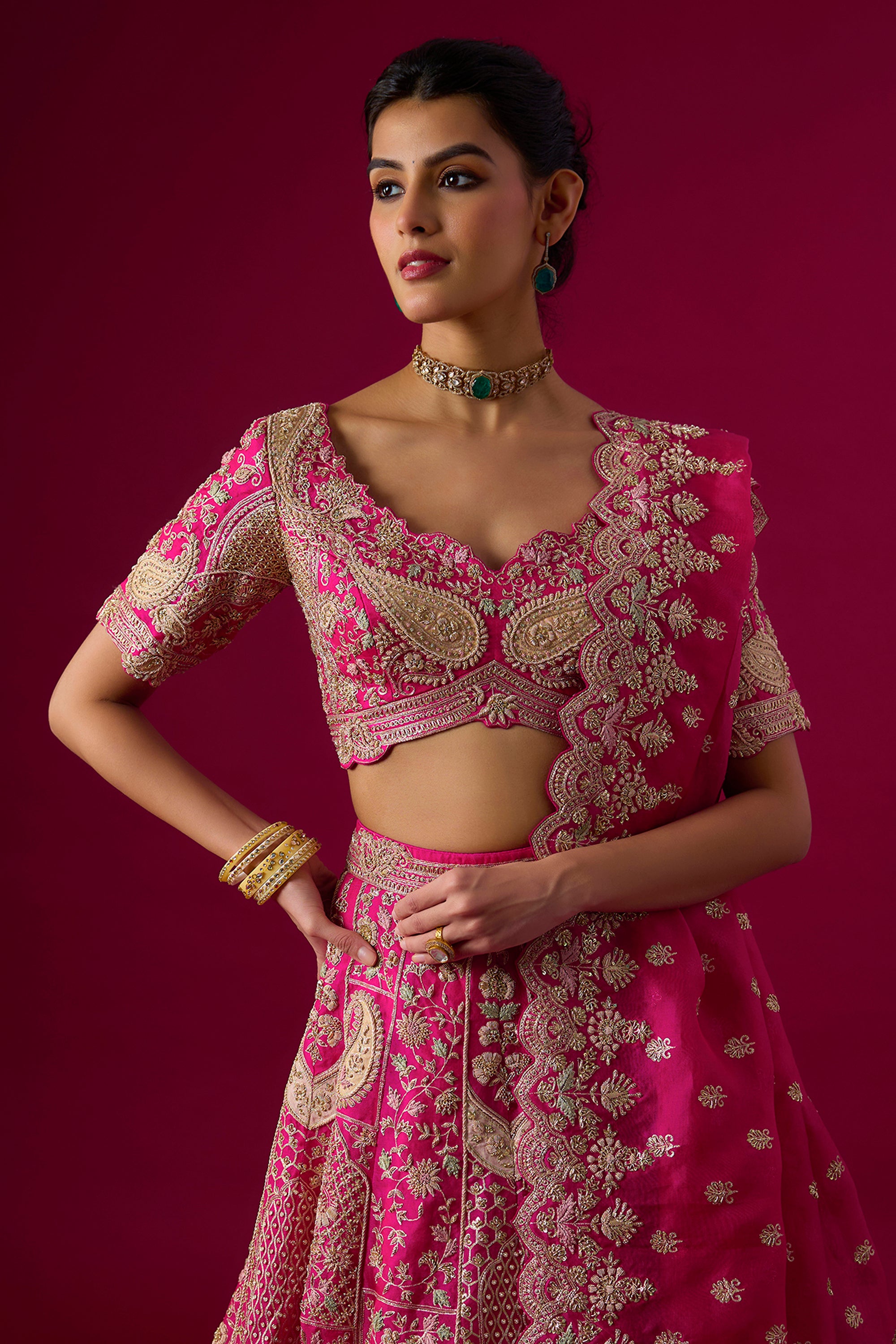 Pink Organza Zari Embroidered Lehenga Set