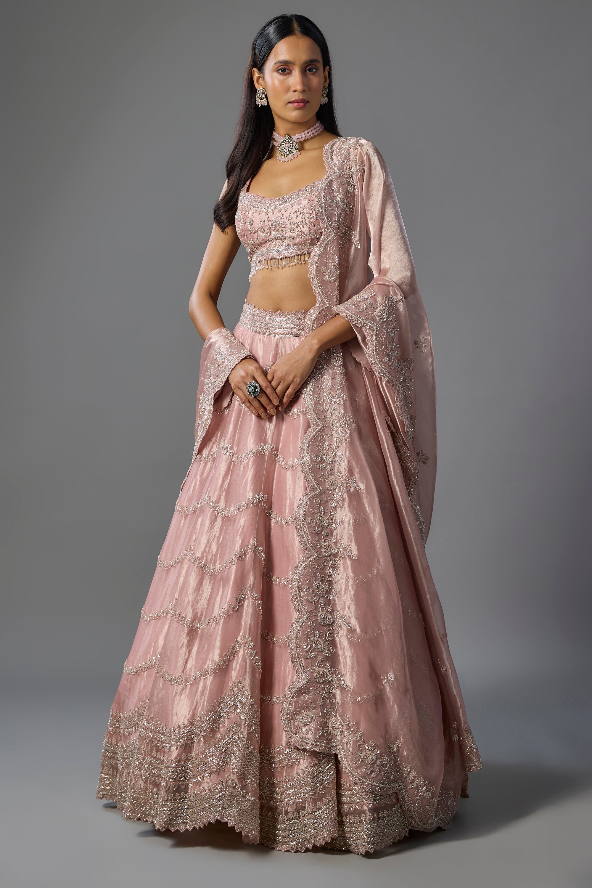 Pink Tissue Sequins and Cutdana Embroidered Lehenga Set