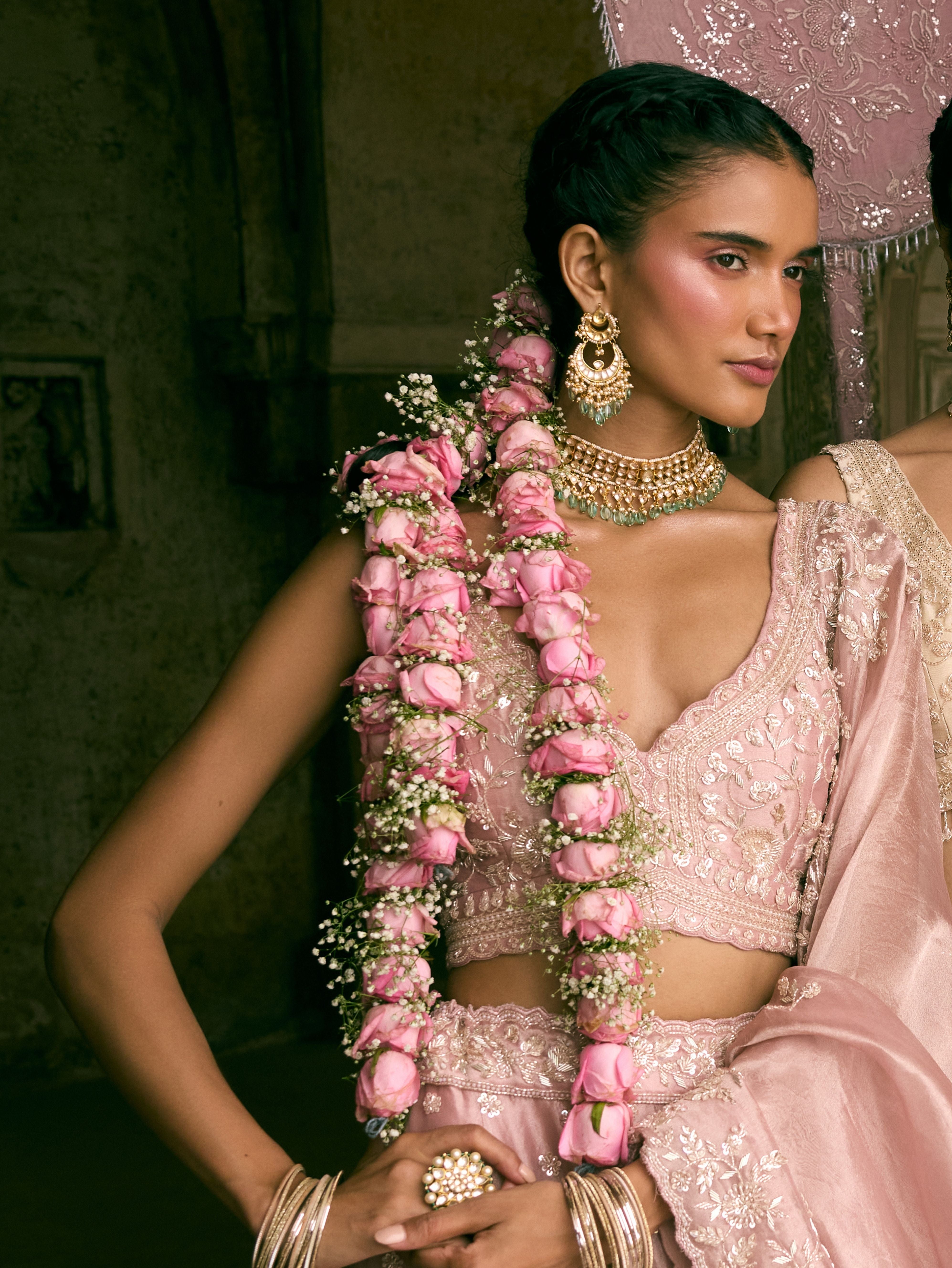 Rose Pink Tissue Sequins and Pearl Embroidered Lehenga Set