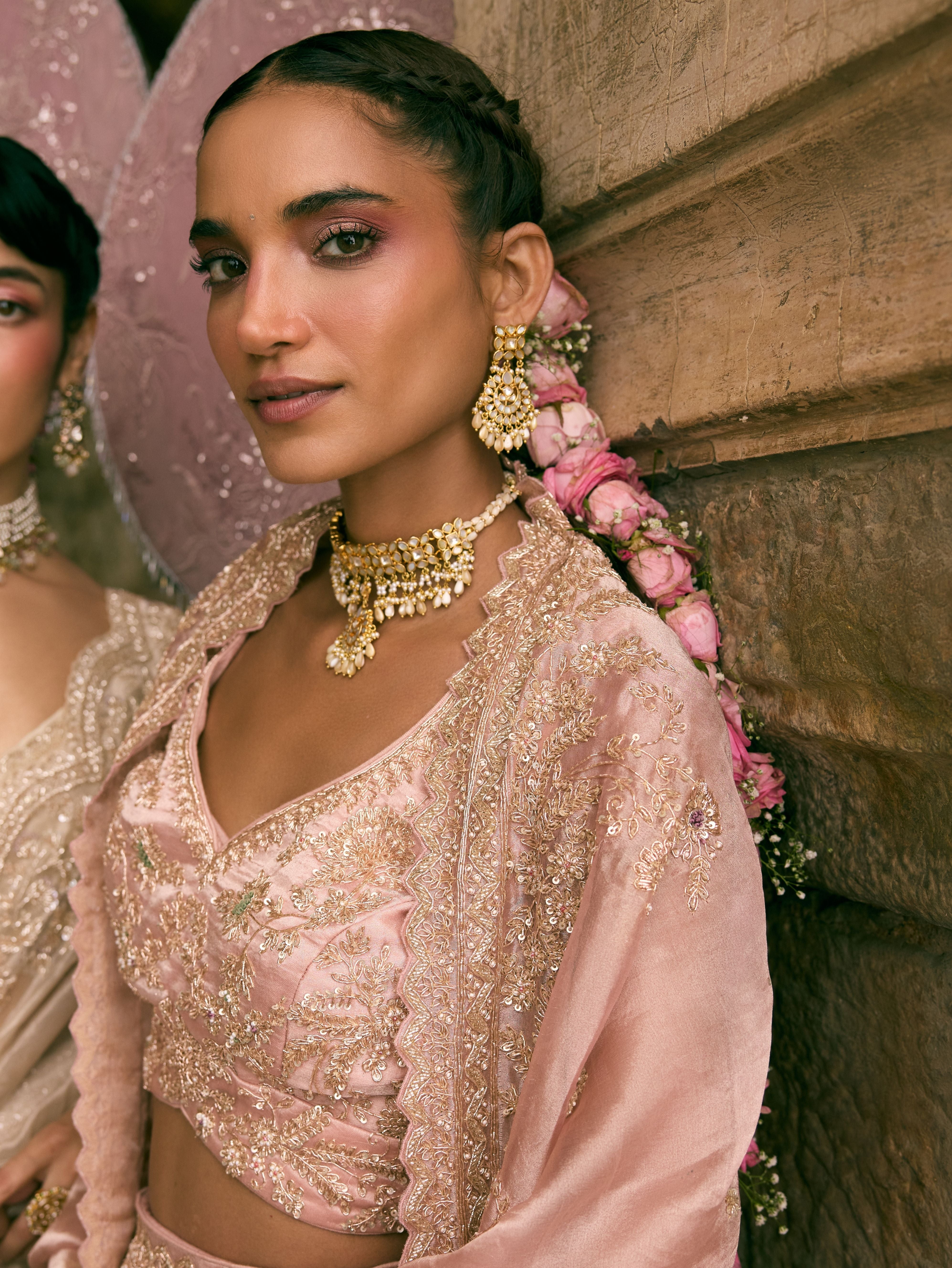 Rose Pink Tissue Sequins and Pearls Embroidered Lehenga Set