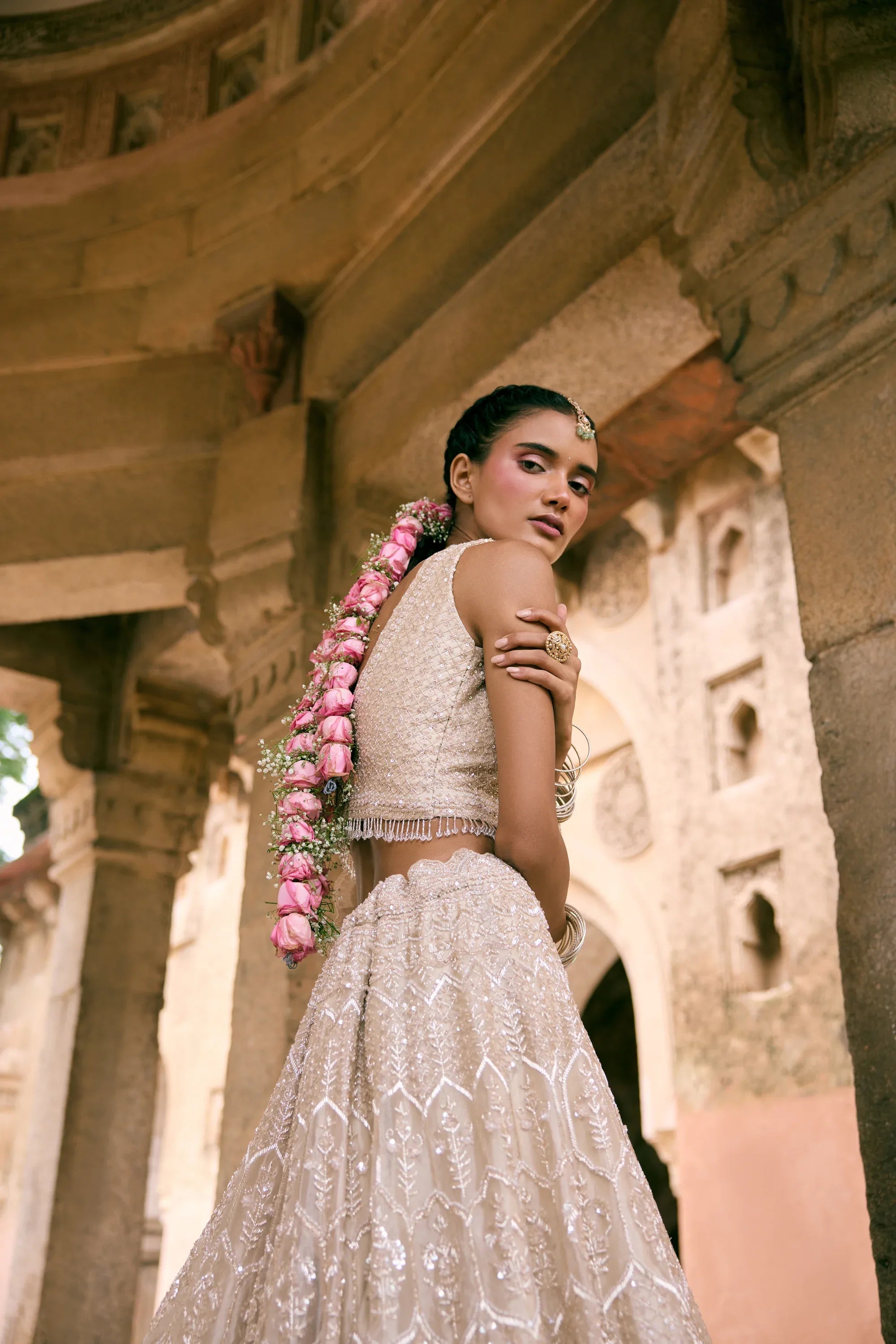 Champagne Tissue Cutdana and Sequins Embroidered Lehenga Set - Vedant G