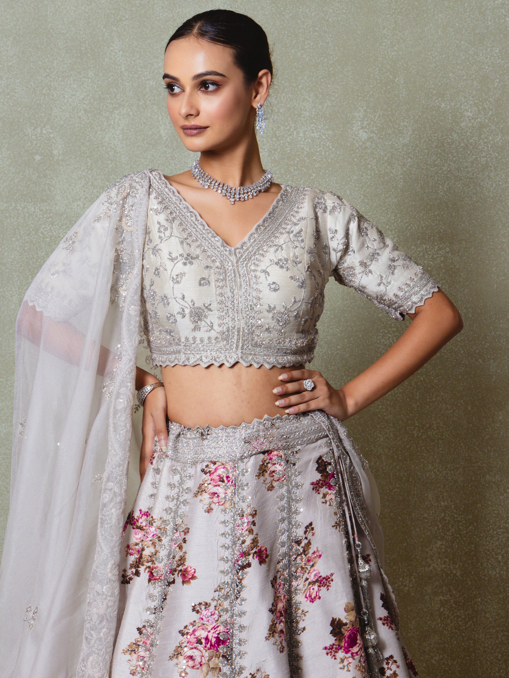 Grey Silk Embroidered Lehenga