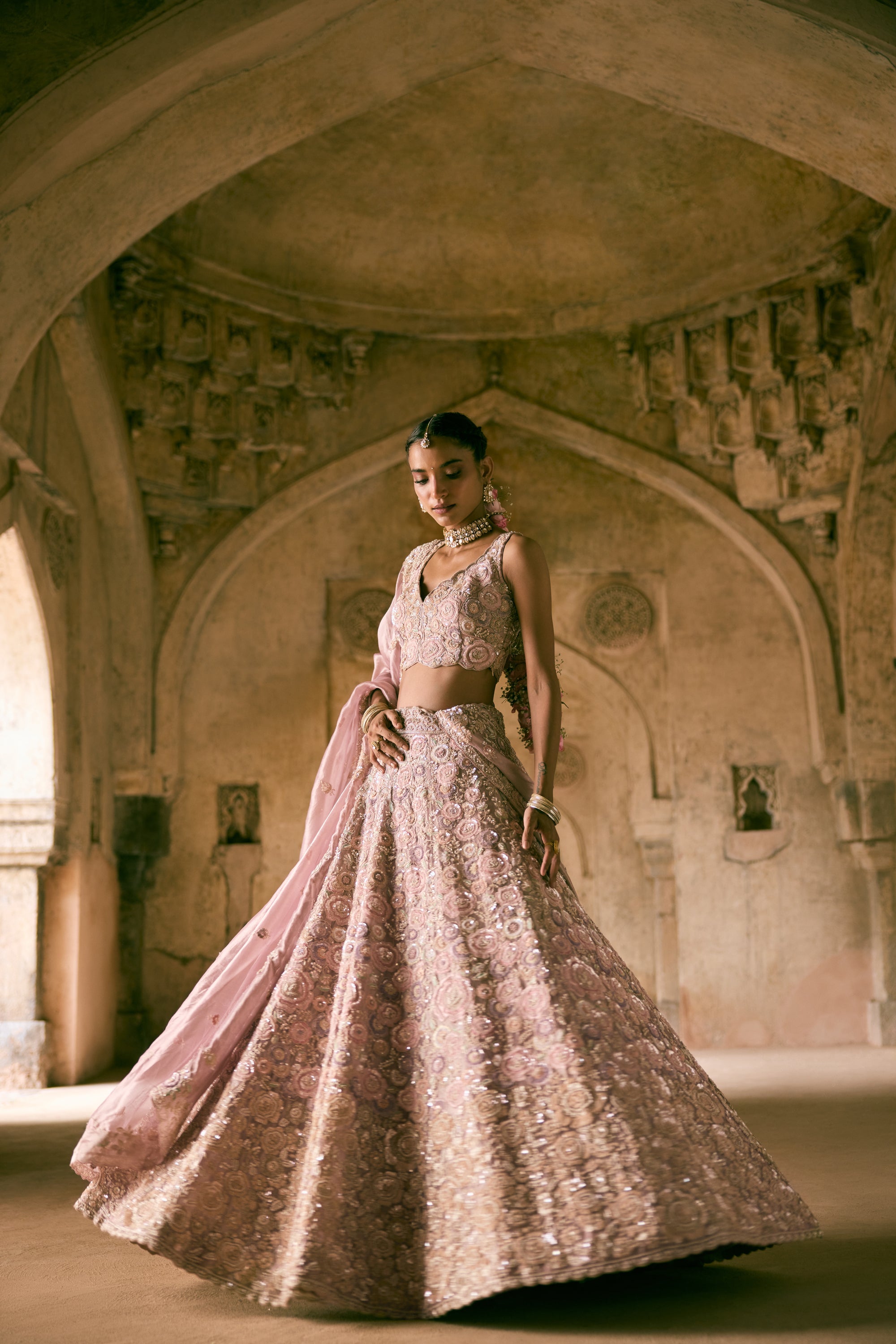 Lavender Tissue Sequins and Pearls Embroidered Lehenga Set