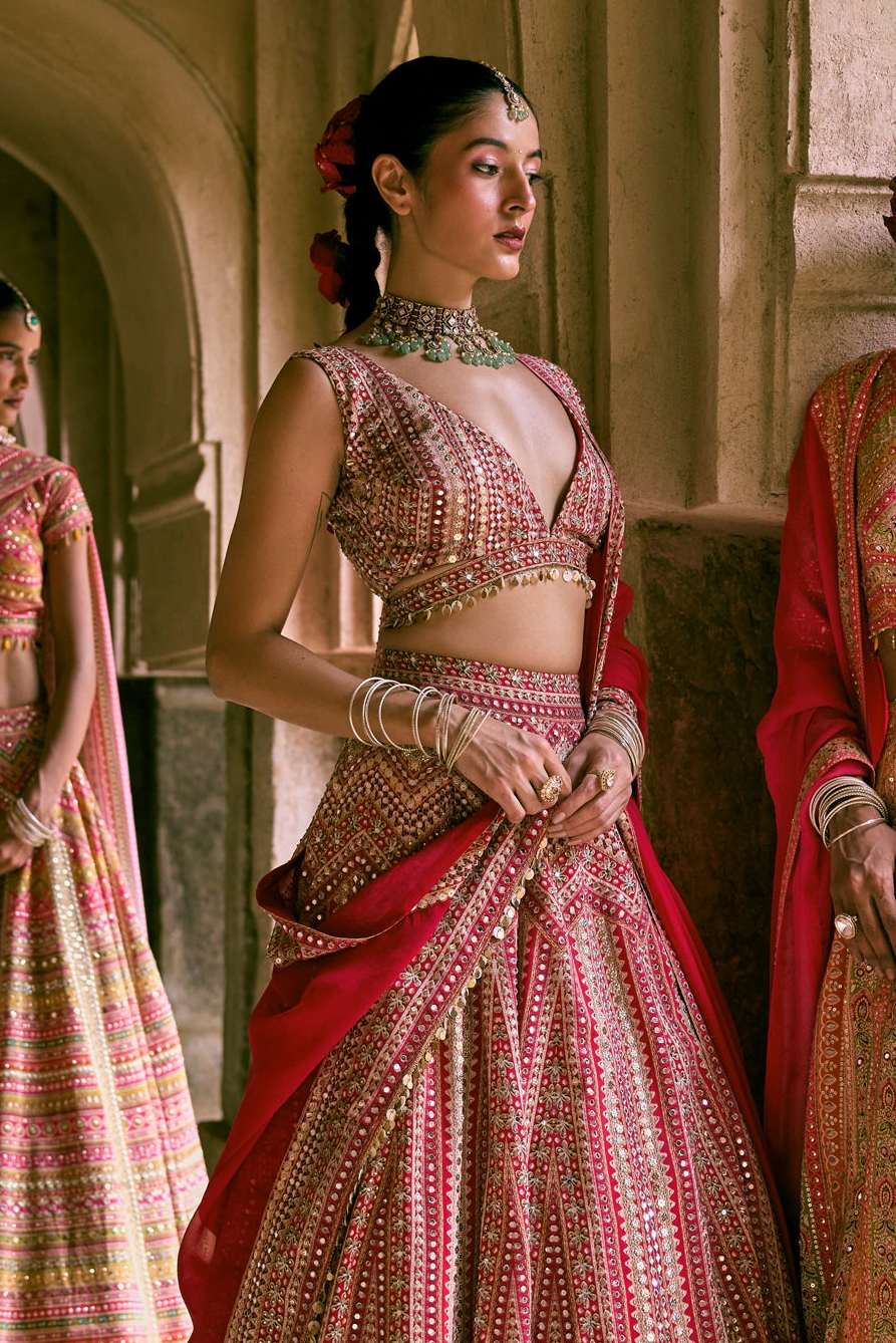 Red Crepe Silk Digital Printed Lehenga Set