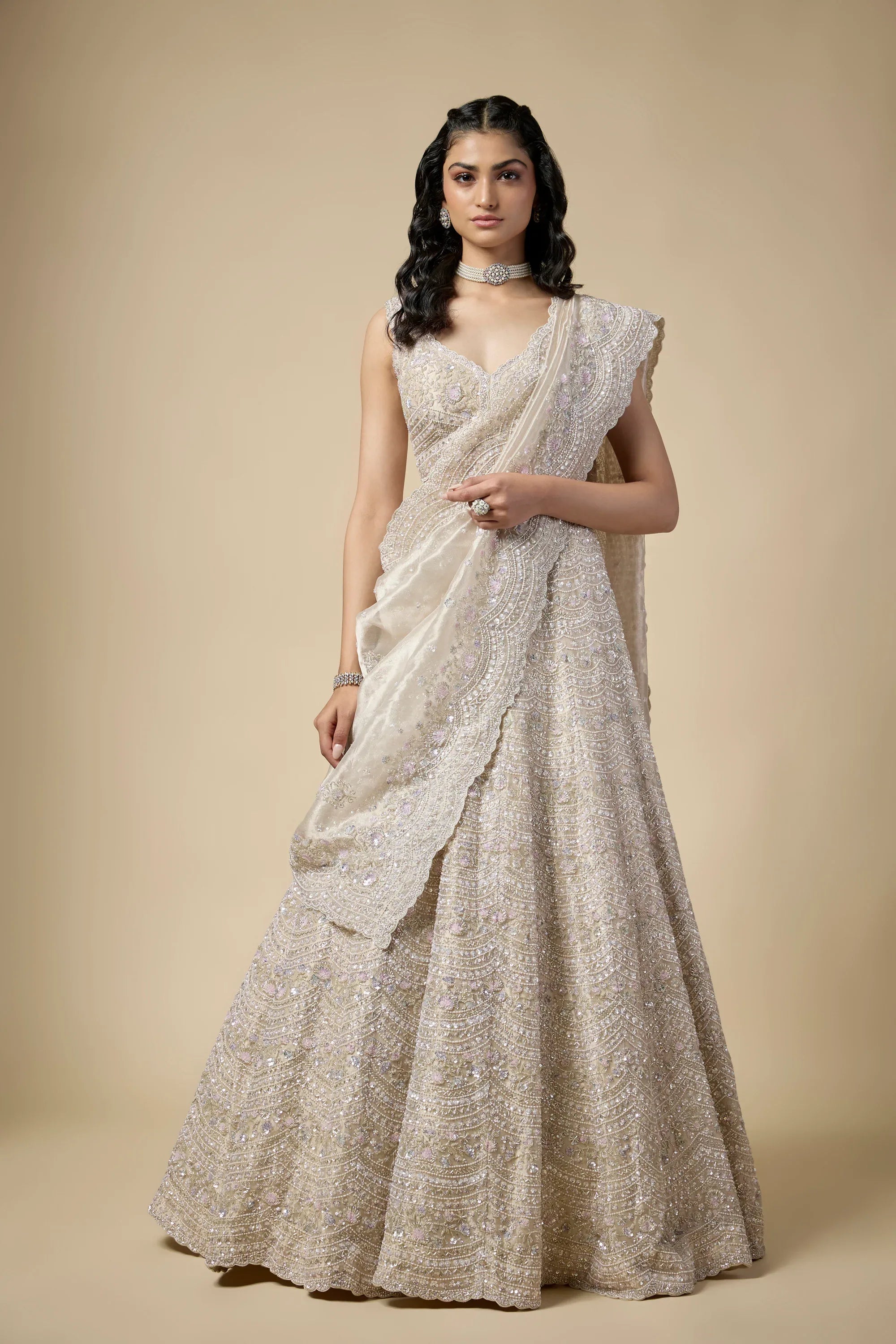 Champagne Tissue Sequins and Pearls Embroidered Lehenga Set - Vedant G