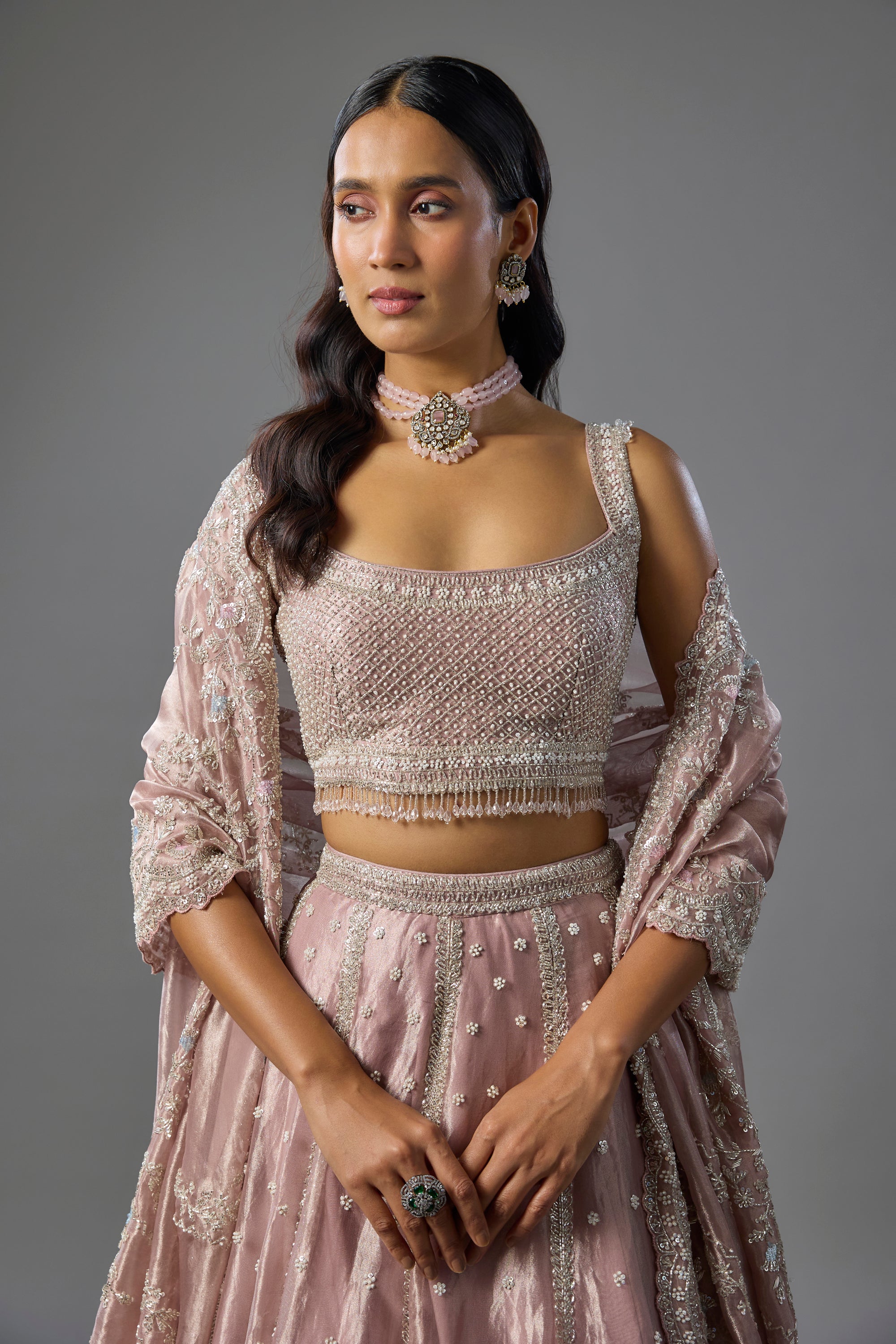 Lavender Tissue Pearl and Sequins Embroidered Lehenga Set