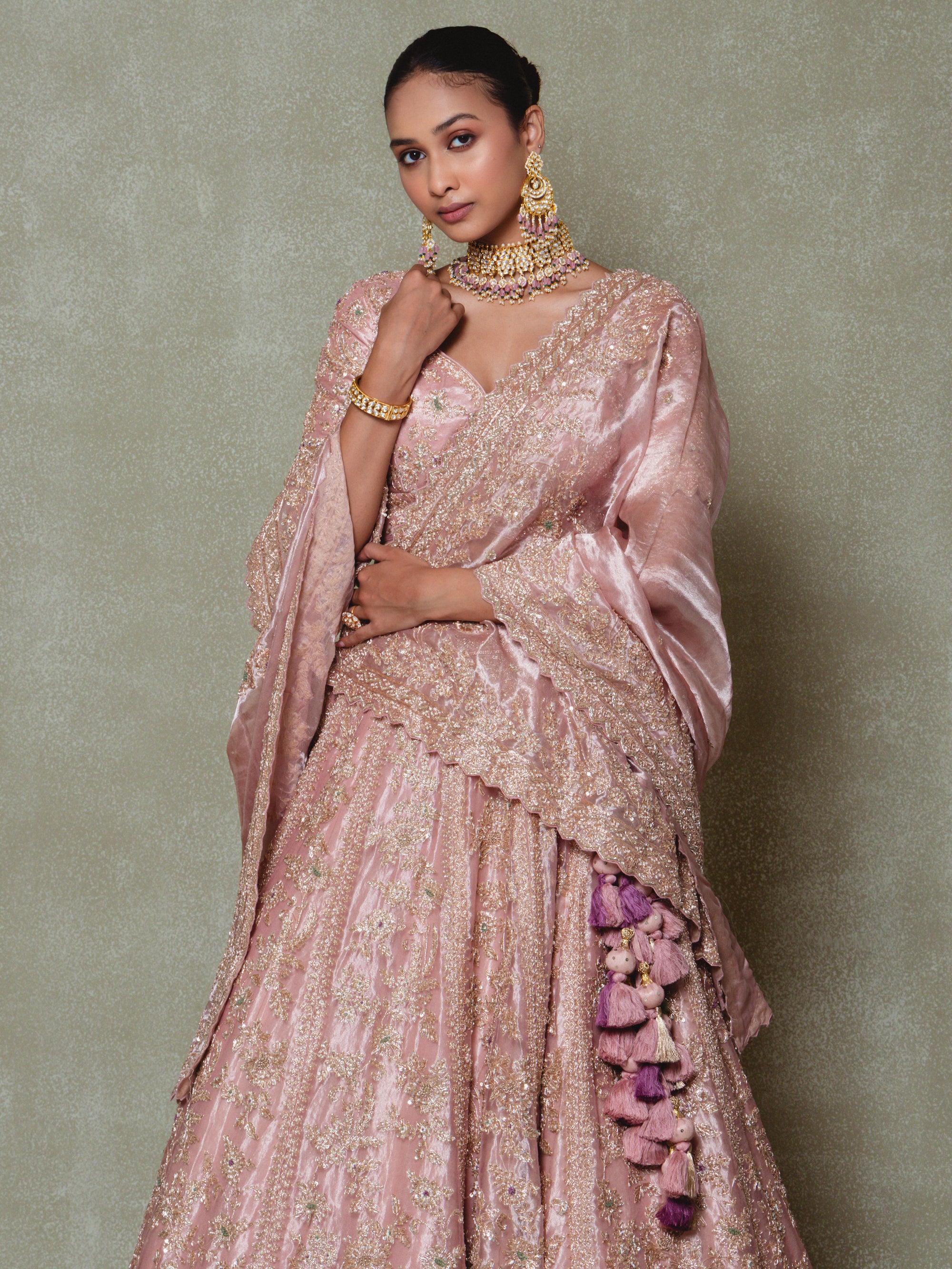Rose Pink Tissue Embroidered Lehenga Set