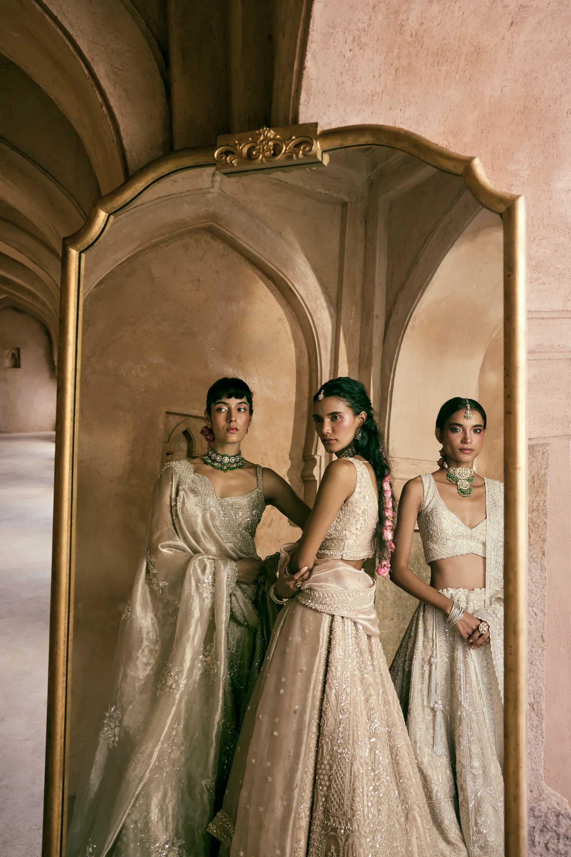 Champagne Tissue Sequins and Cutdana Embroidered Lehenga Set - Vedant G