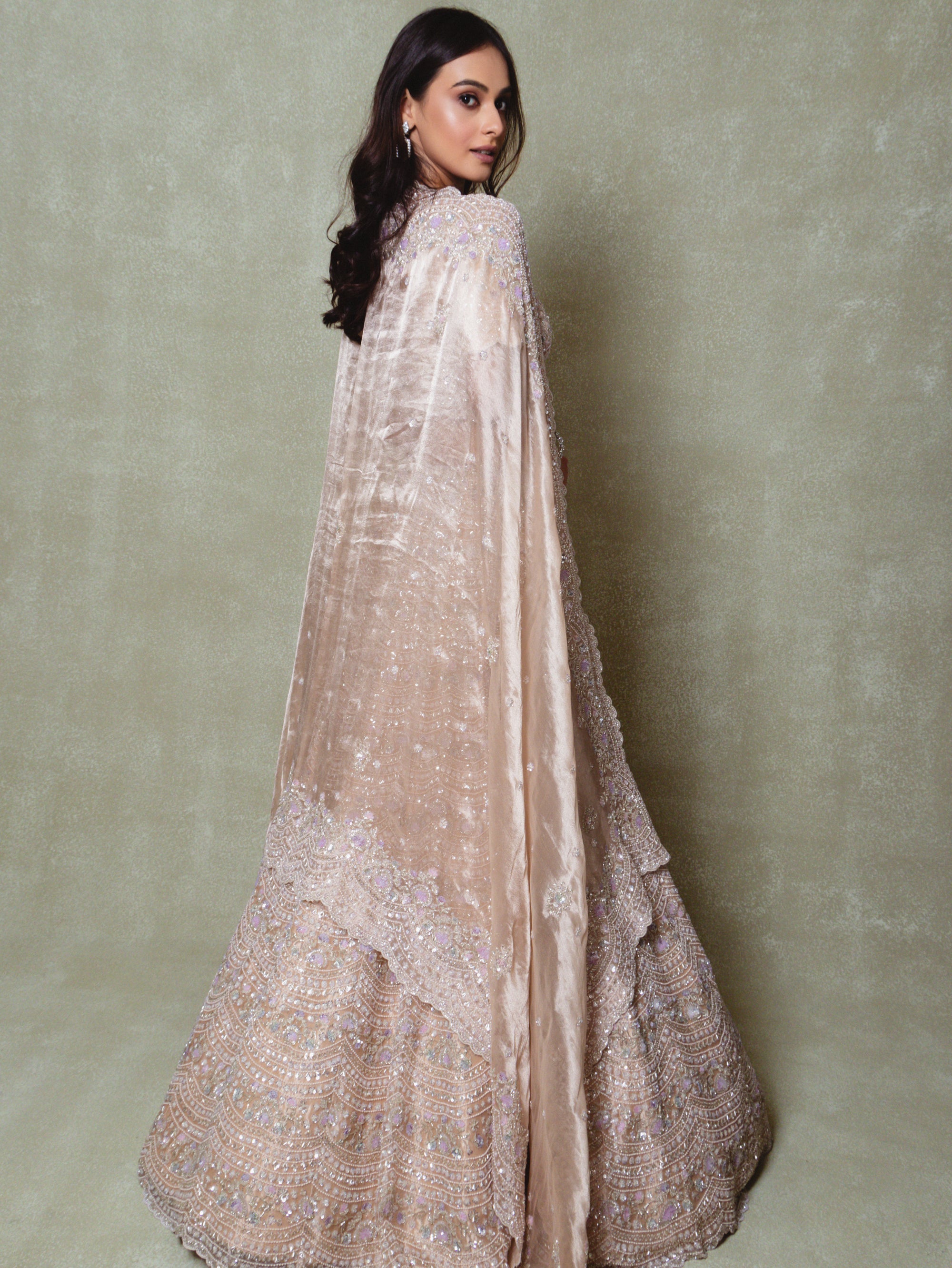 Peach Tissue Embroidered Lehenga Set