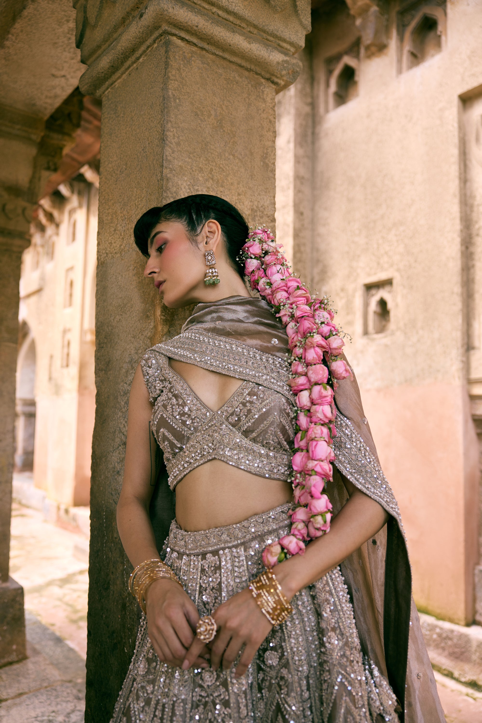 Grey Tissue Sequins Embroidered Lehenga Set