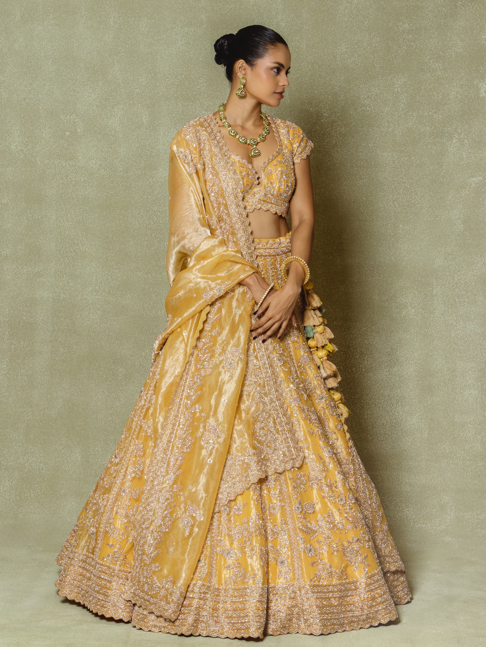 Yellow Tissue Embroidered Lehenga Set