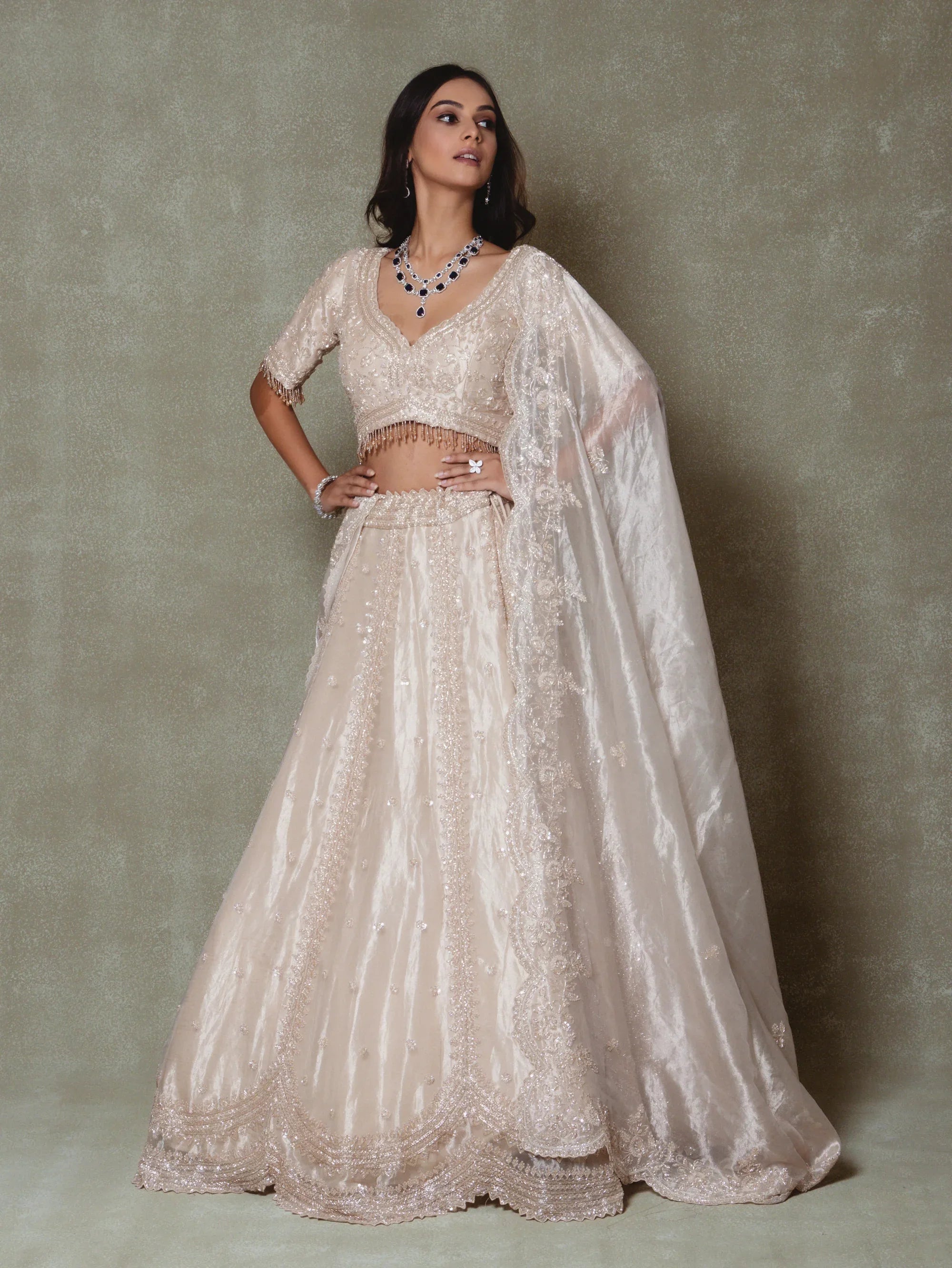 Champagne Tissue Pearls Embroidered Lehenga Set - Vedant G