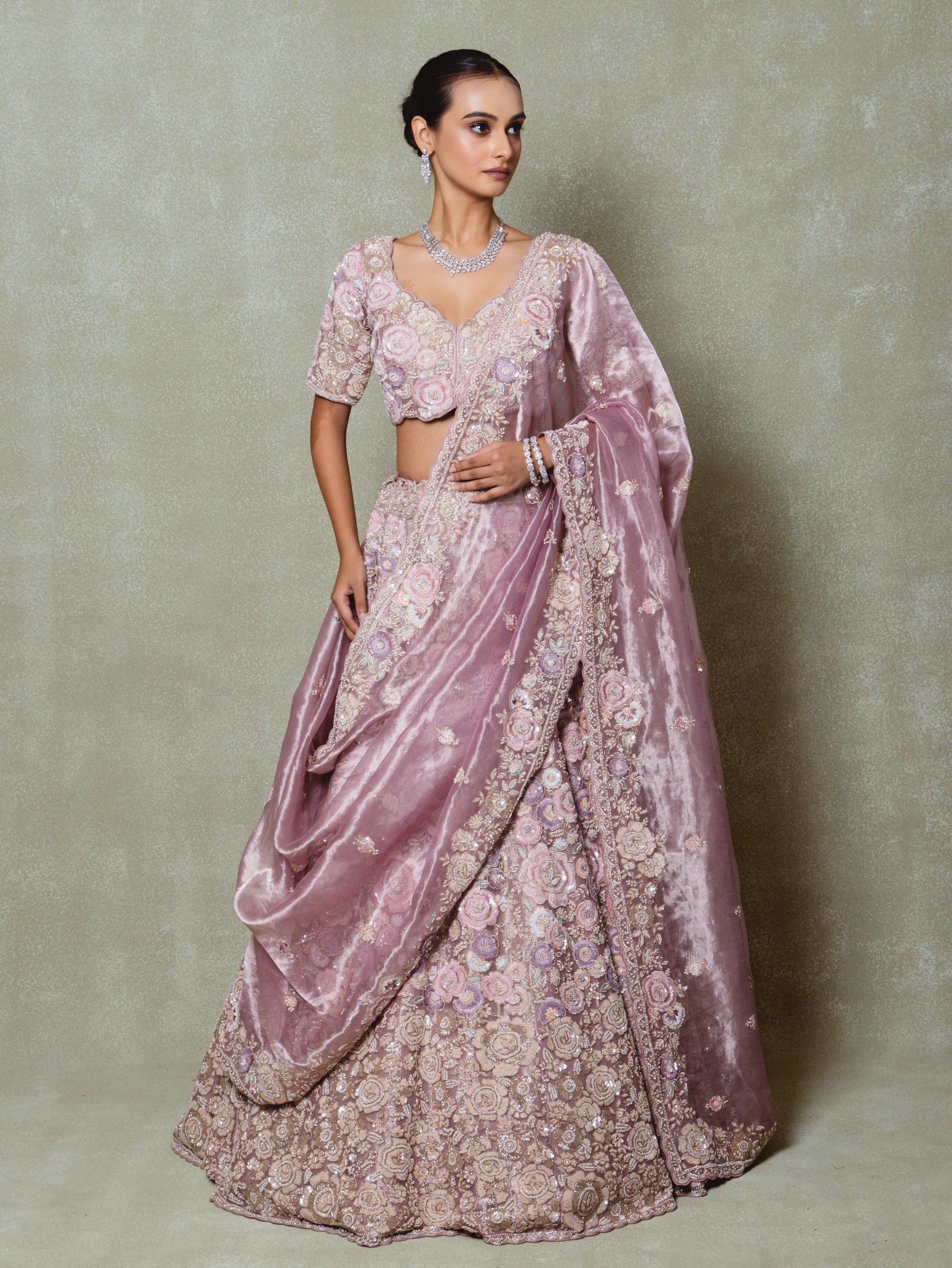 Lavender Tissue Zardosi Embroidered Lehenga Set