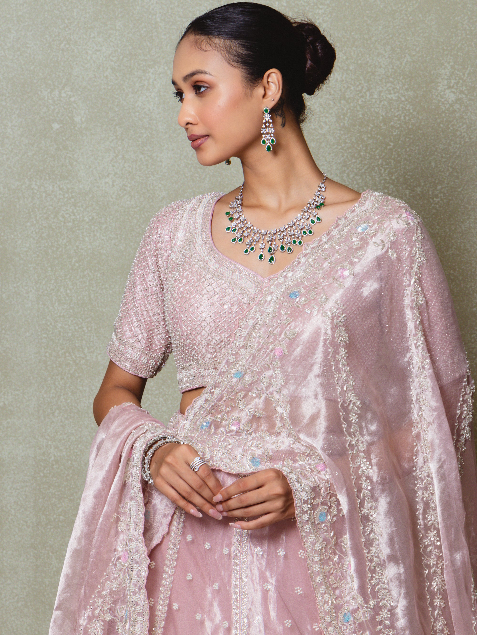 Pink Tissue Sequins Embroidered Lehenga Set