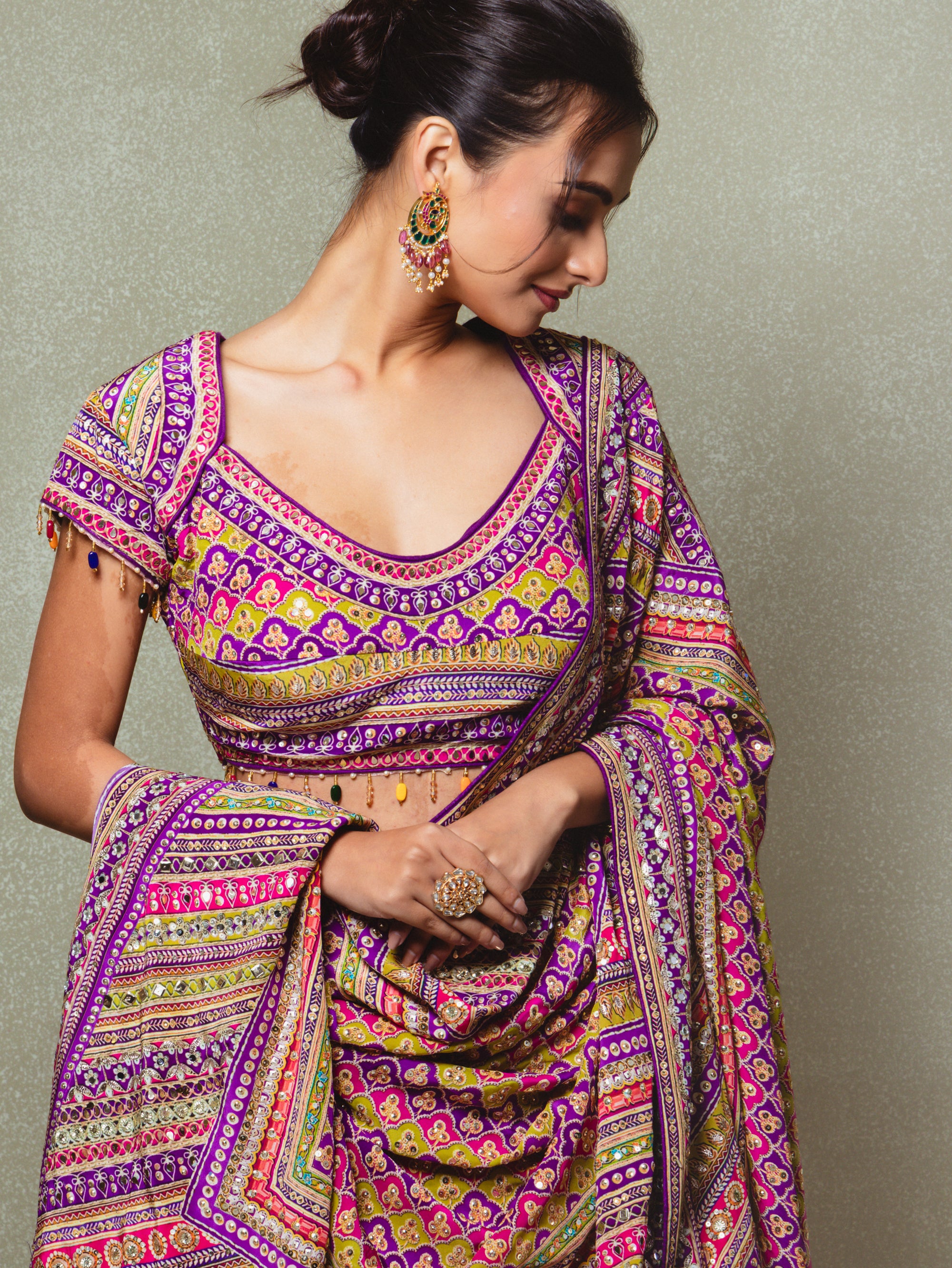 Purple Crepe Silk Digital Printed Lehenga Set