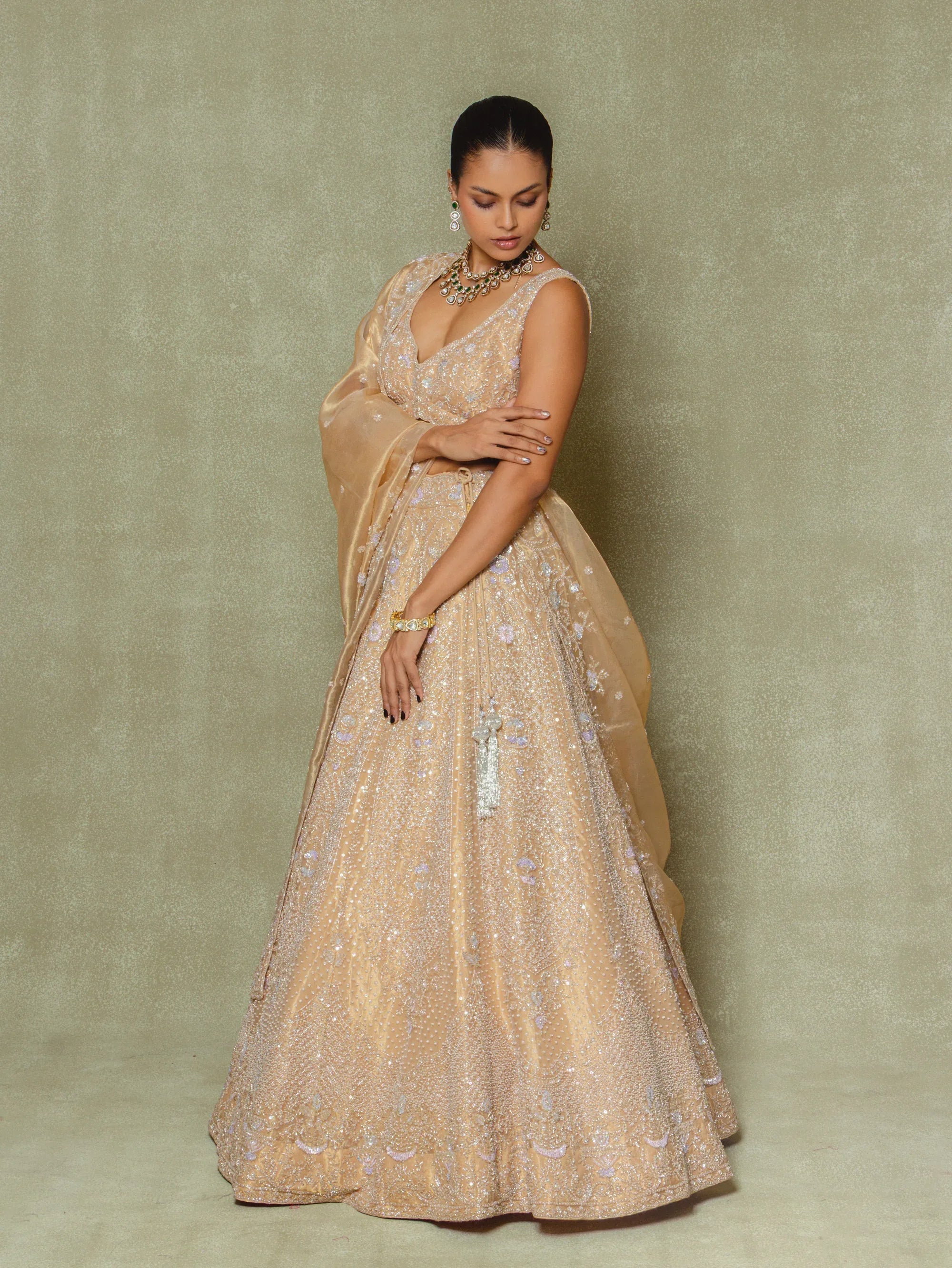 Gold Tissue Sequins Embroidered Lehenga Set - Vedant G