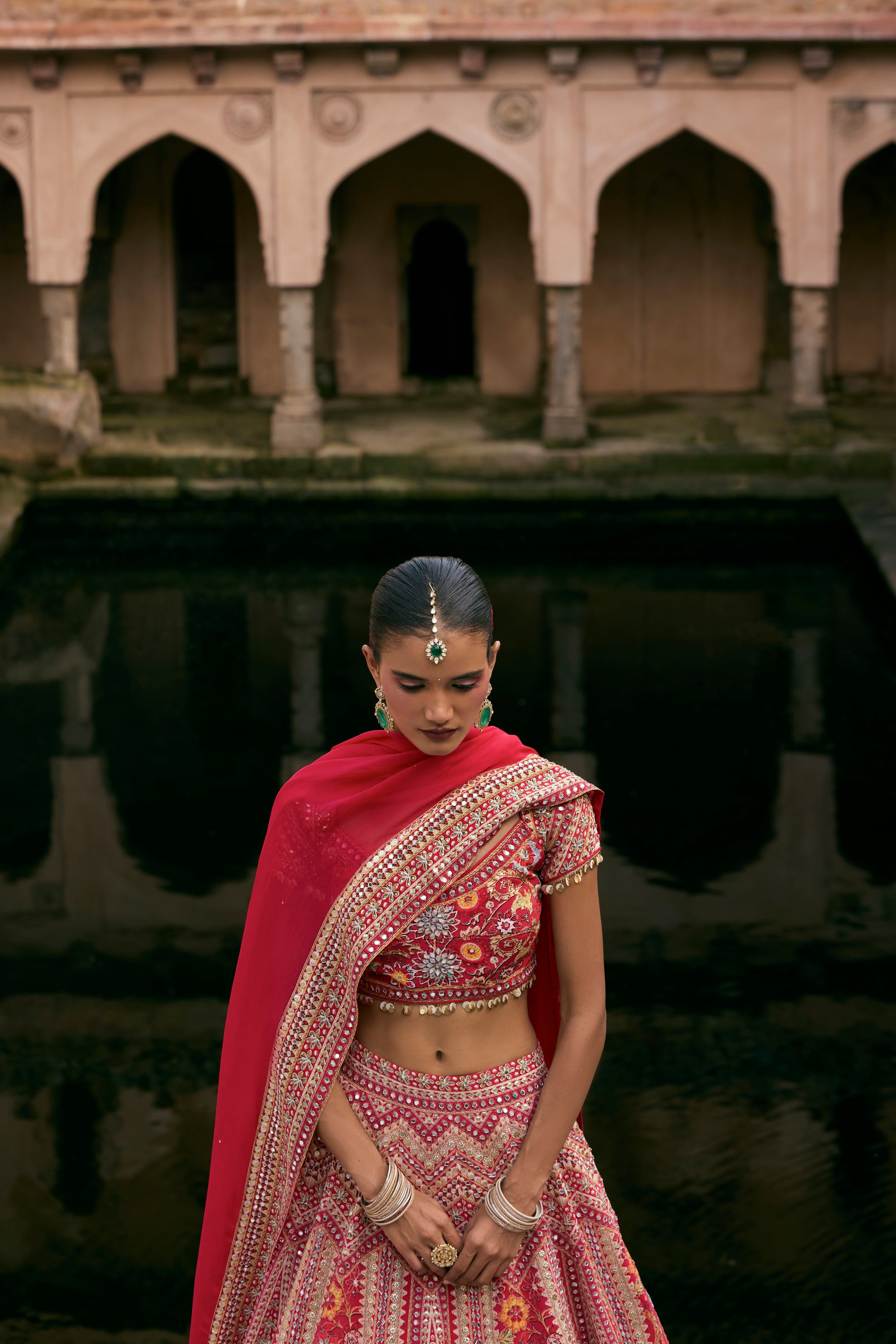 Red Crepe Sequins Embellished Lehenga Set