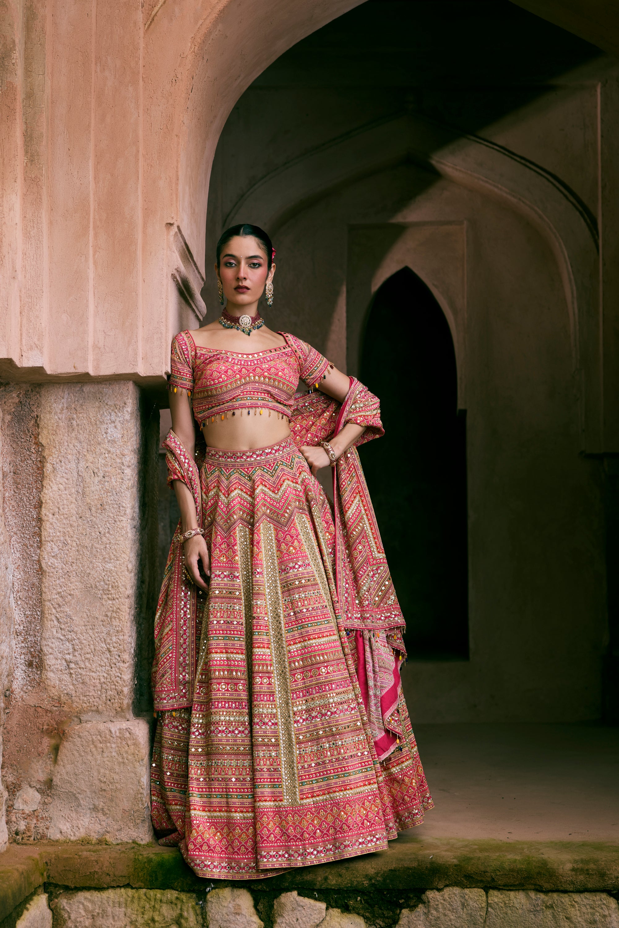 Pink Crepe Silk Digital Printed Lehenga Set