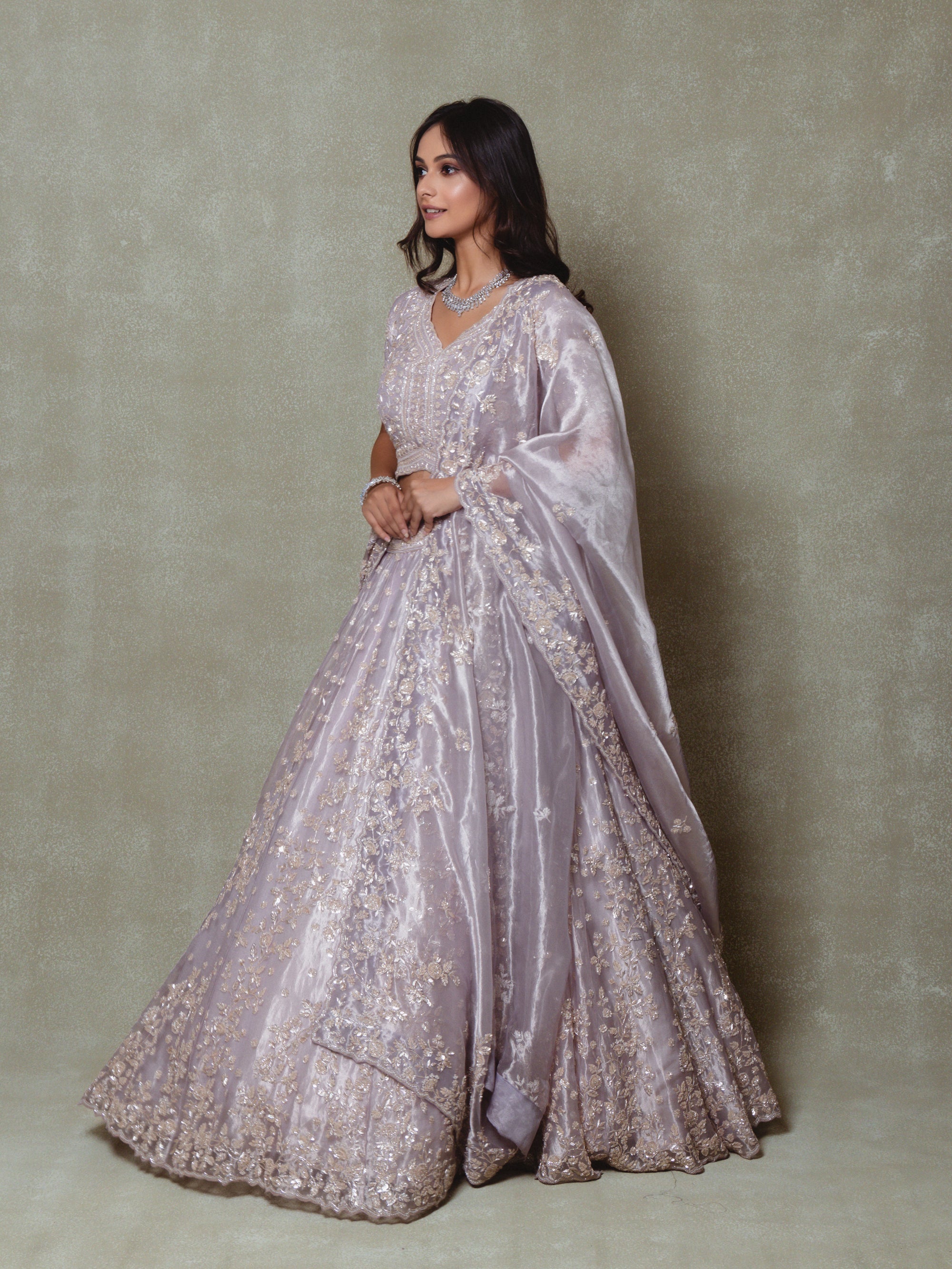 Lilac Tissue Pearls and Sequins Embroidered Lehenga Set