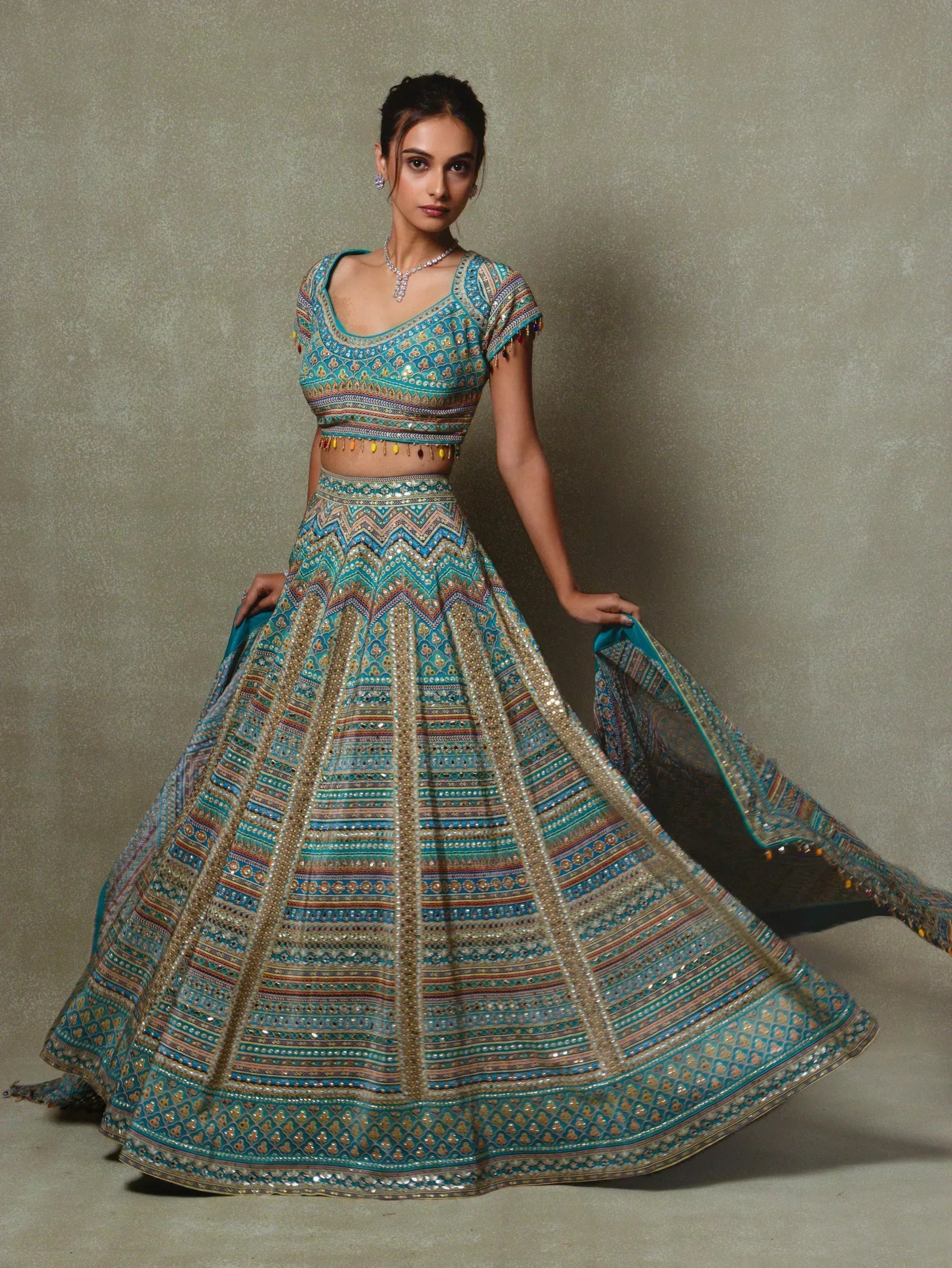 Blue Crepe Silk Digital Printed Lehenga Set - Vedant G