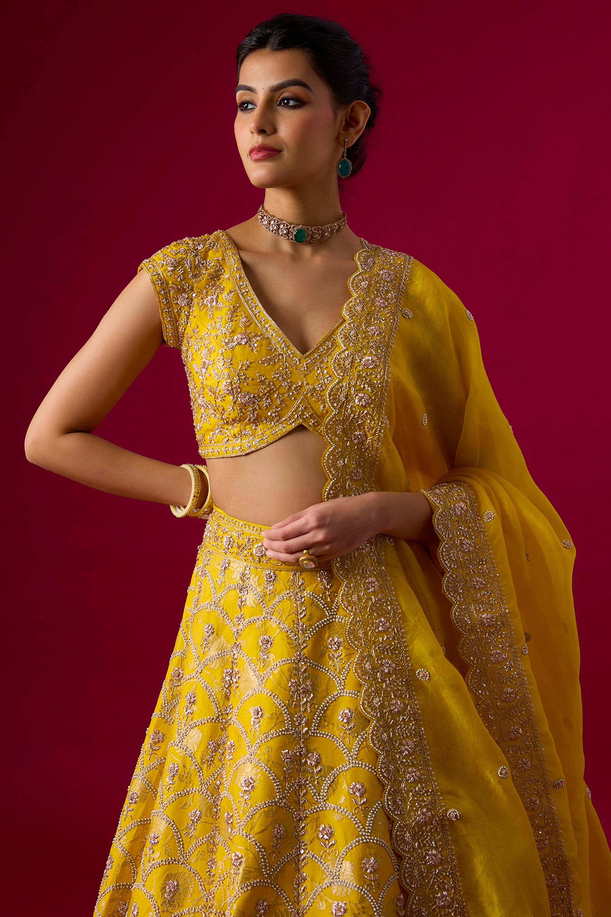 Yellow Brocade Sequins Embroidered Lehenga Set