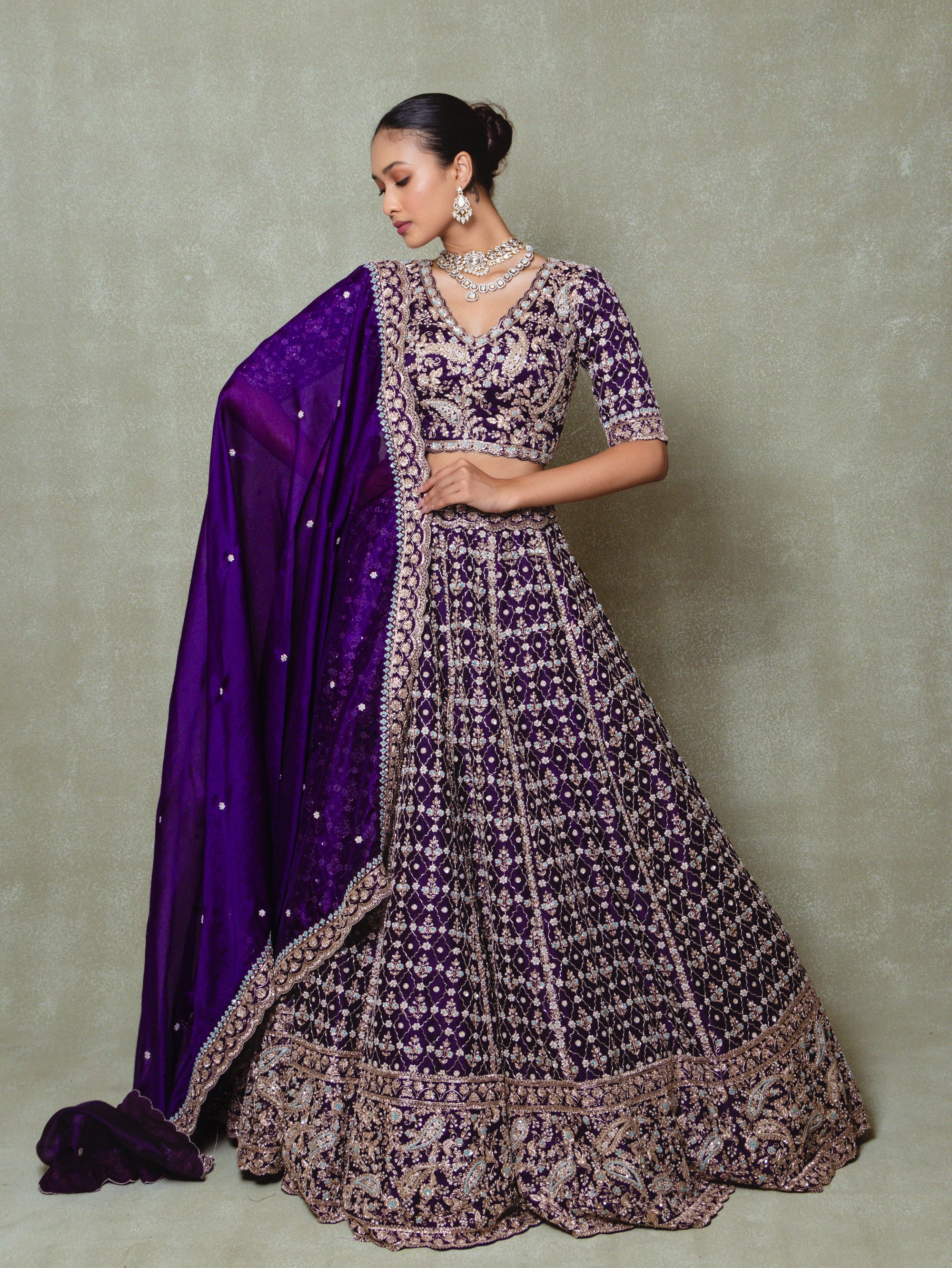Purple Organza Cutdana Embroidered Lehenga Set
