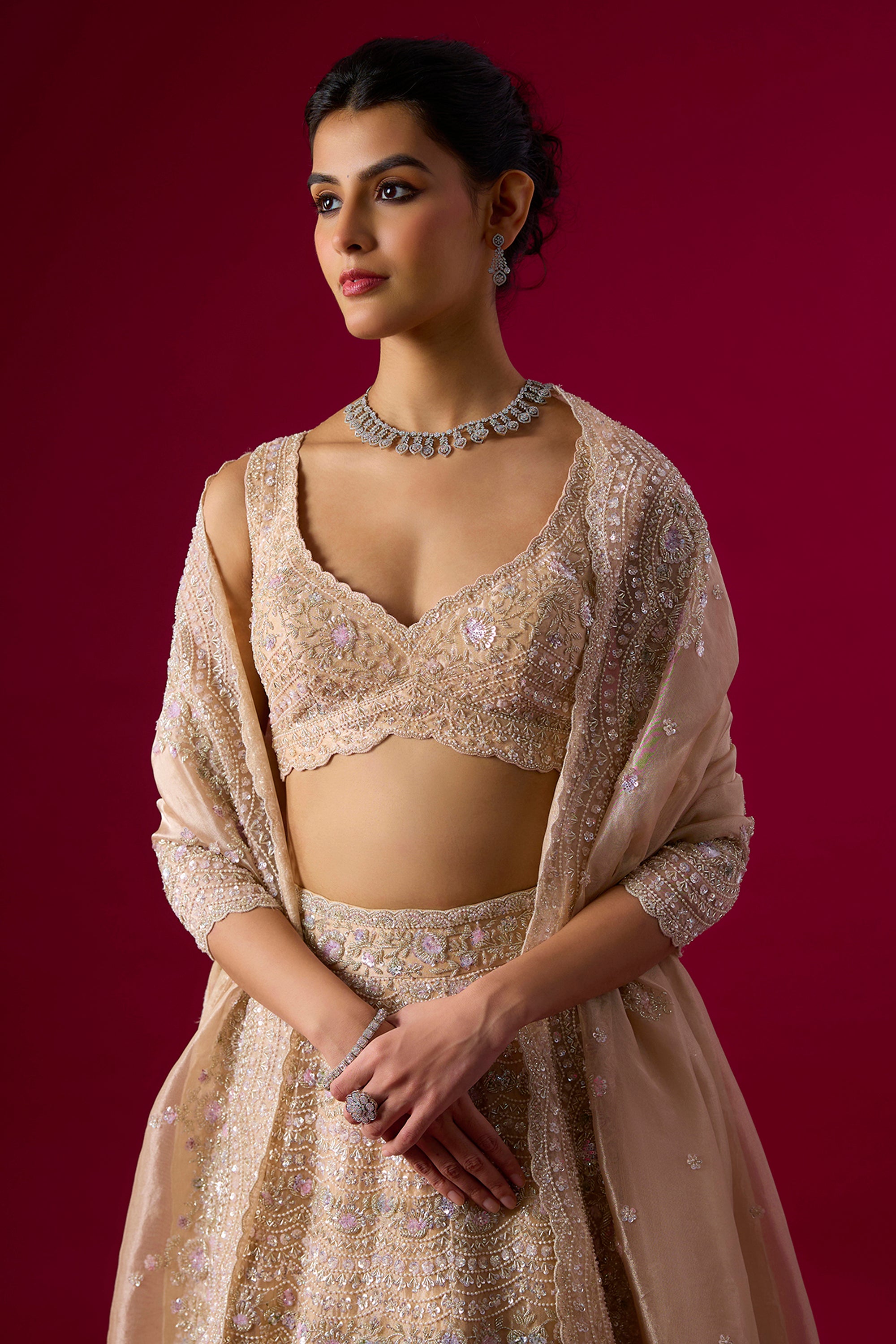 Peach Tissue Sequins Embroidered Lehenga Set