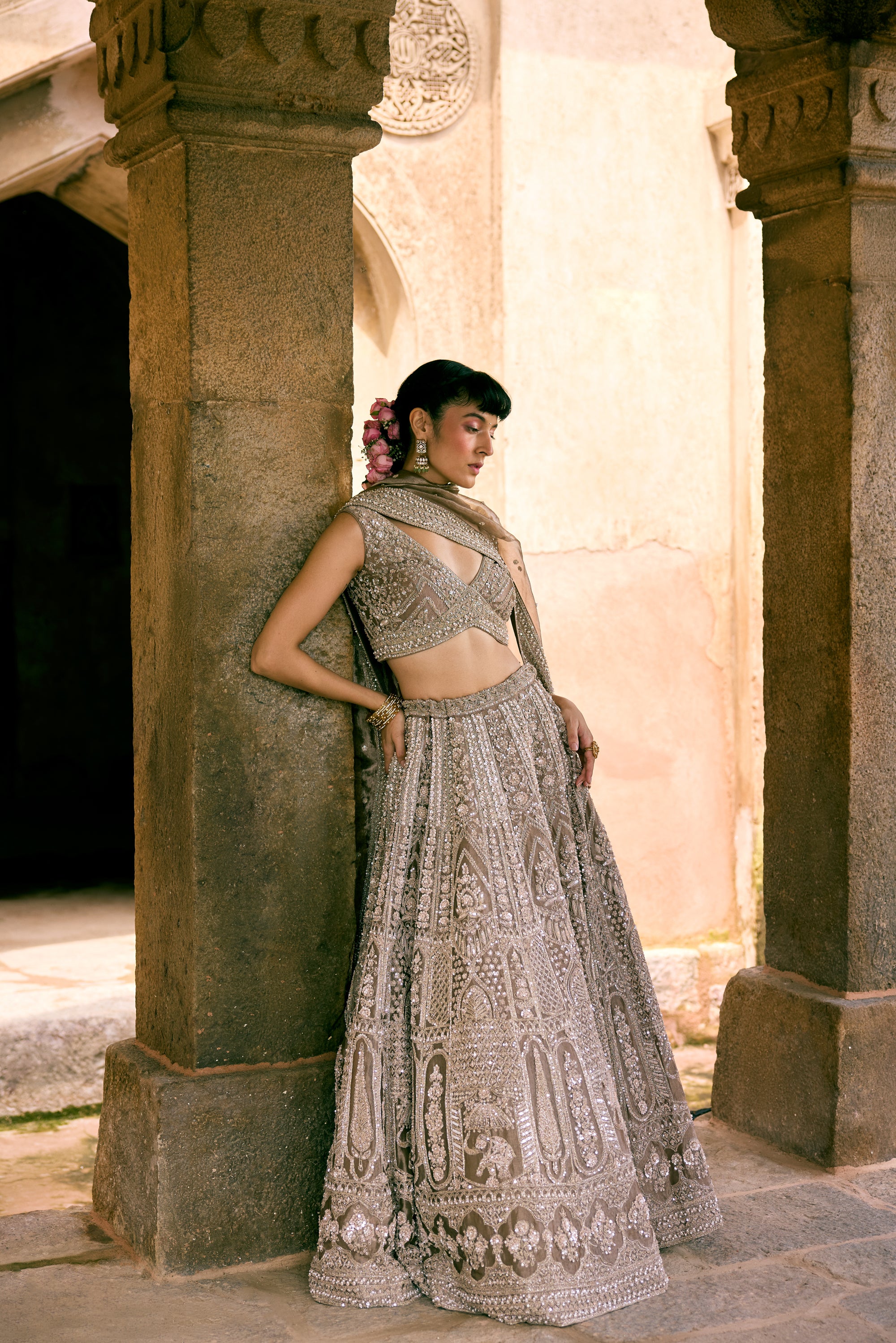 Grey Tissue Sequins Embroidered Lehenga Set