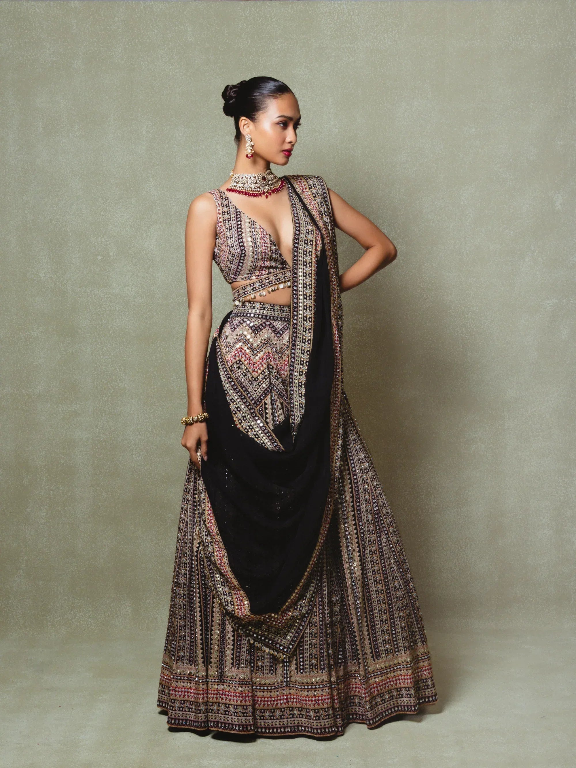 Black Crepe Silk Digital Printed Lehenga Set - Vedant G