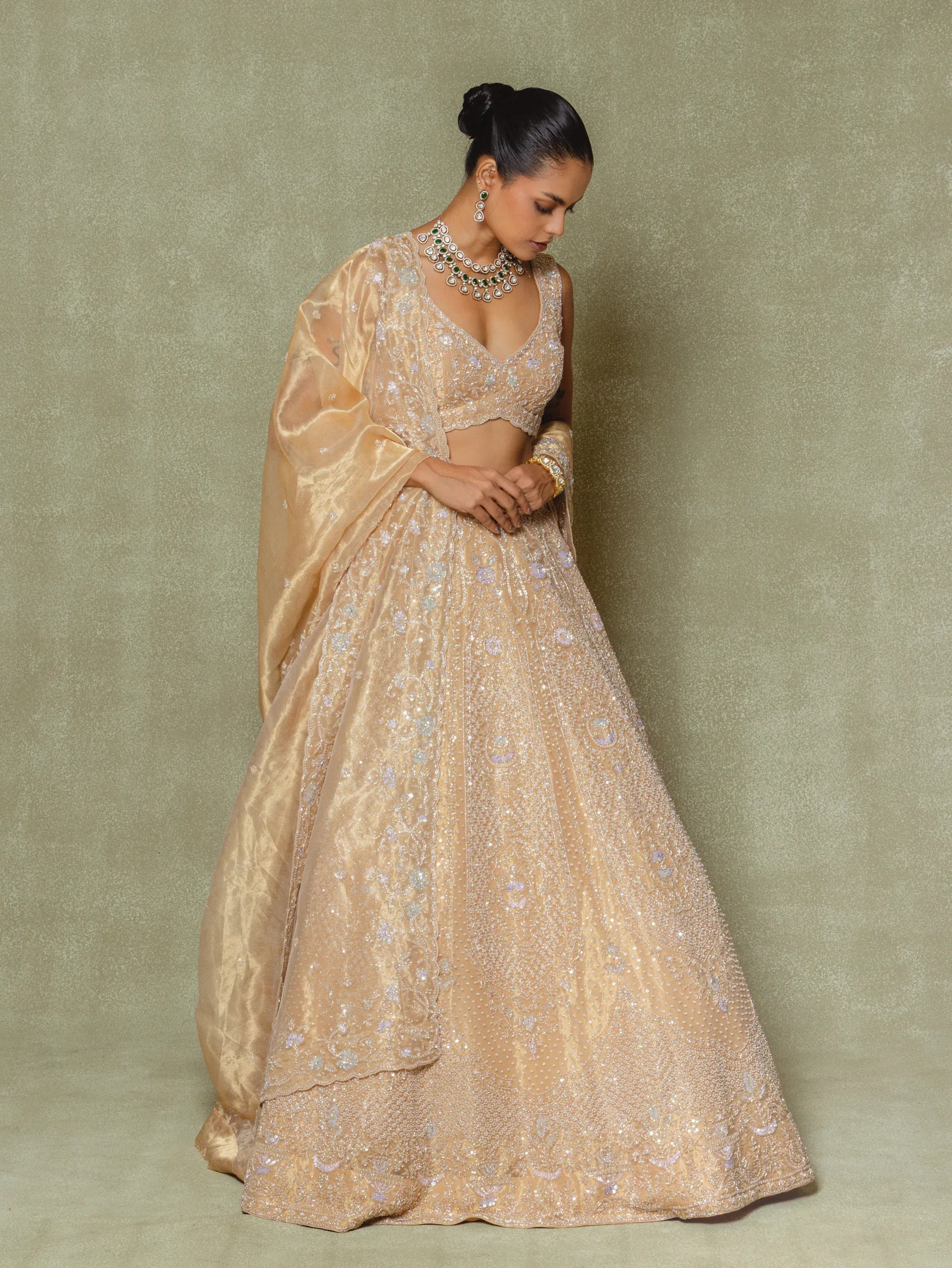 Gold Tissue Sequins Embroidered Lehenga Set - Vedant G