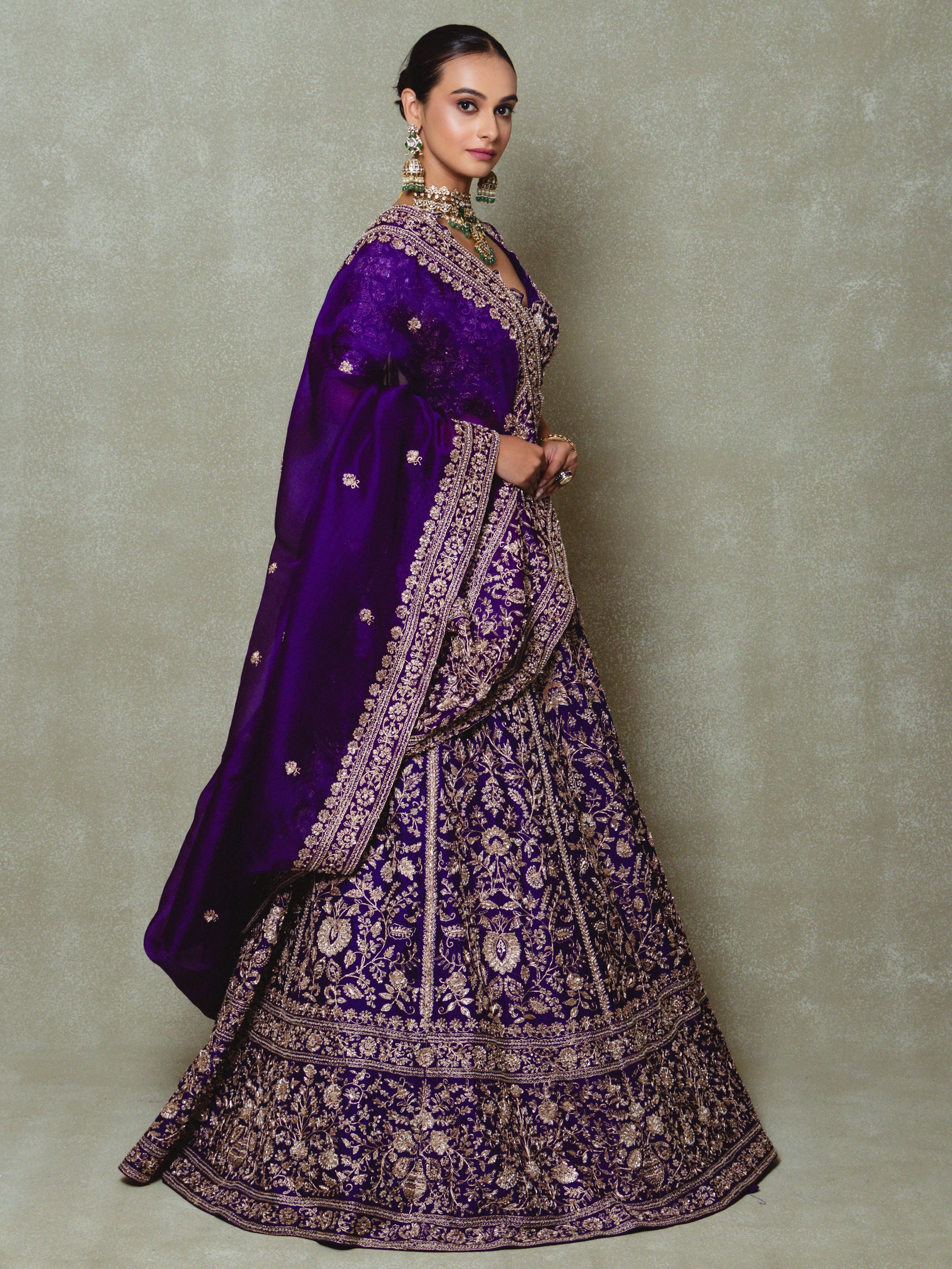 Purple Organza Embroidered Lehenga Set