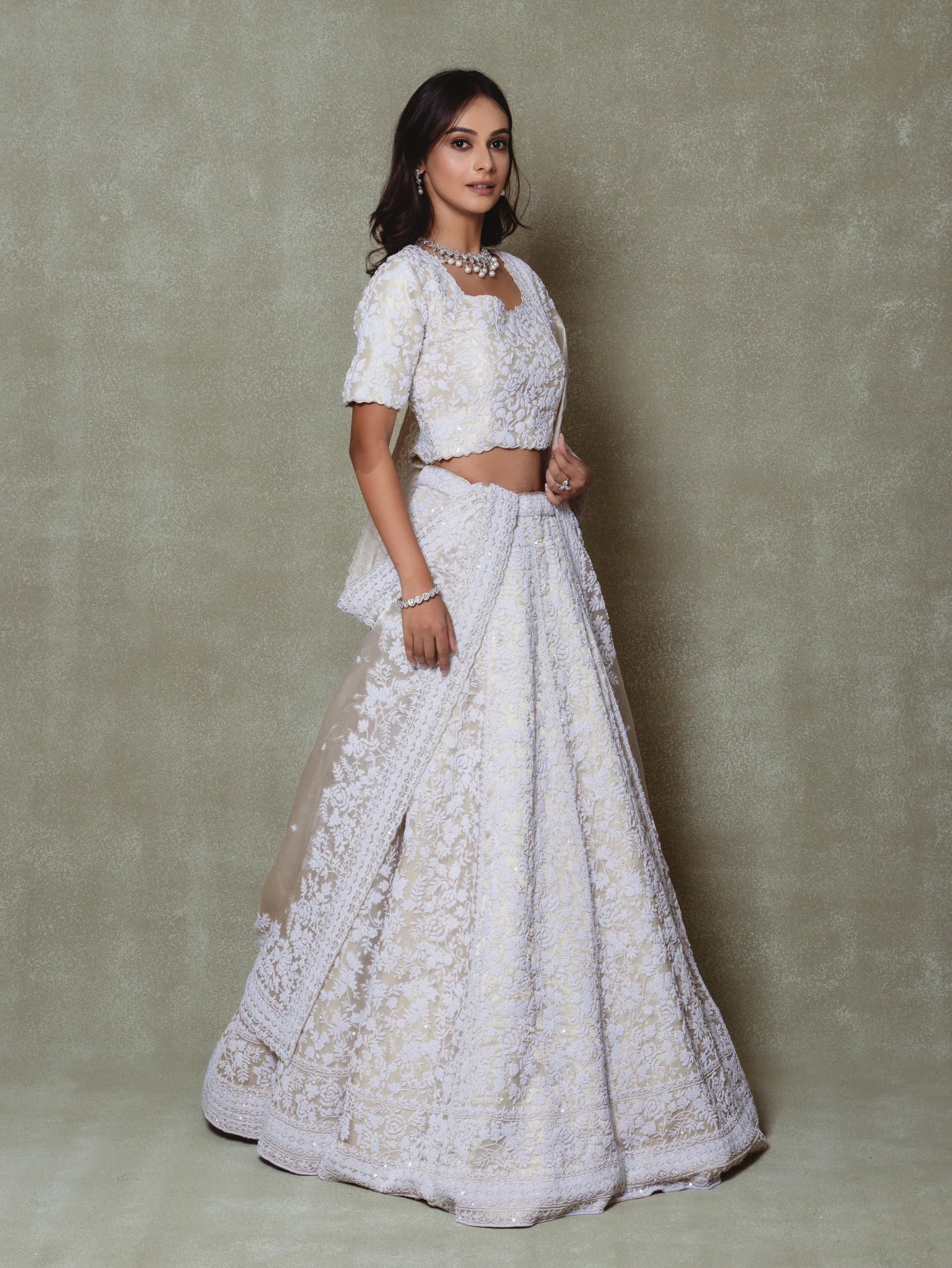 Champagne Tissue Pearls and Cutdana Embroidered Lehenga Set - Vedant G