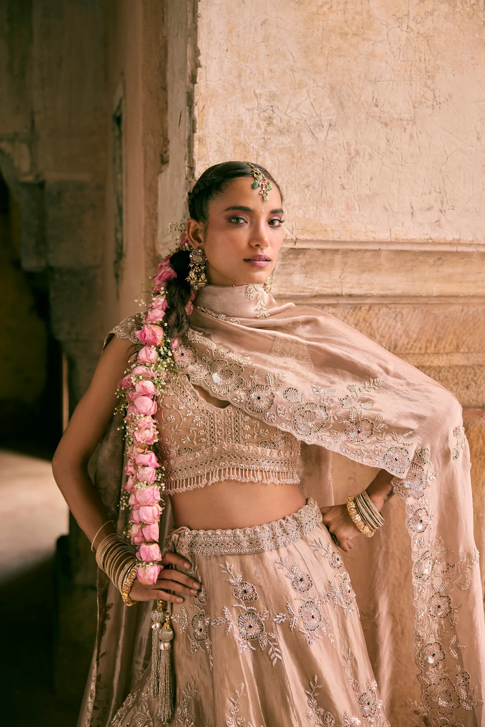 Brown Tissue Sequins Embroidered Lehenga Set - Vedant G