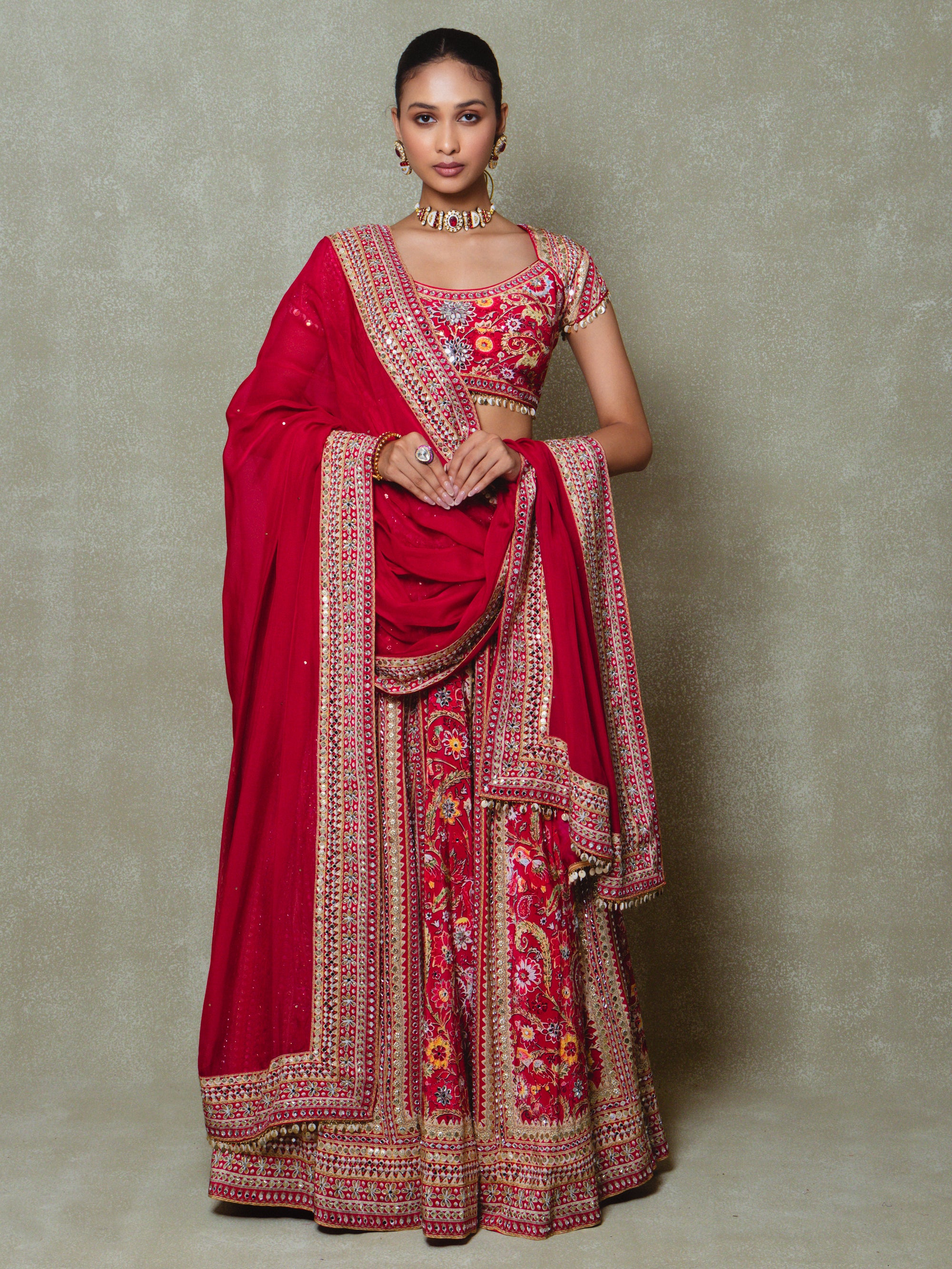 Red Crepe Sequins Embellished Lehenga Set