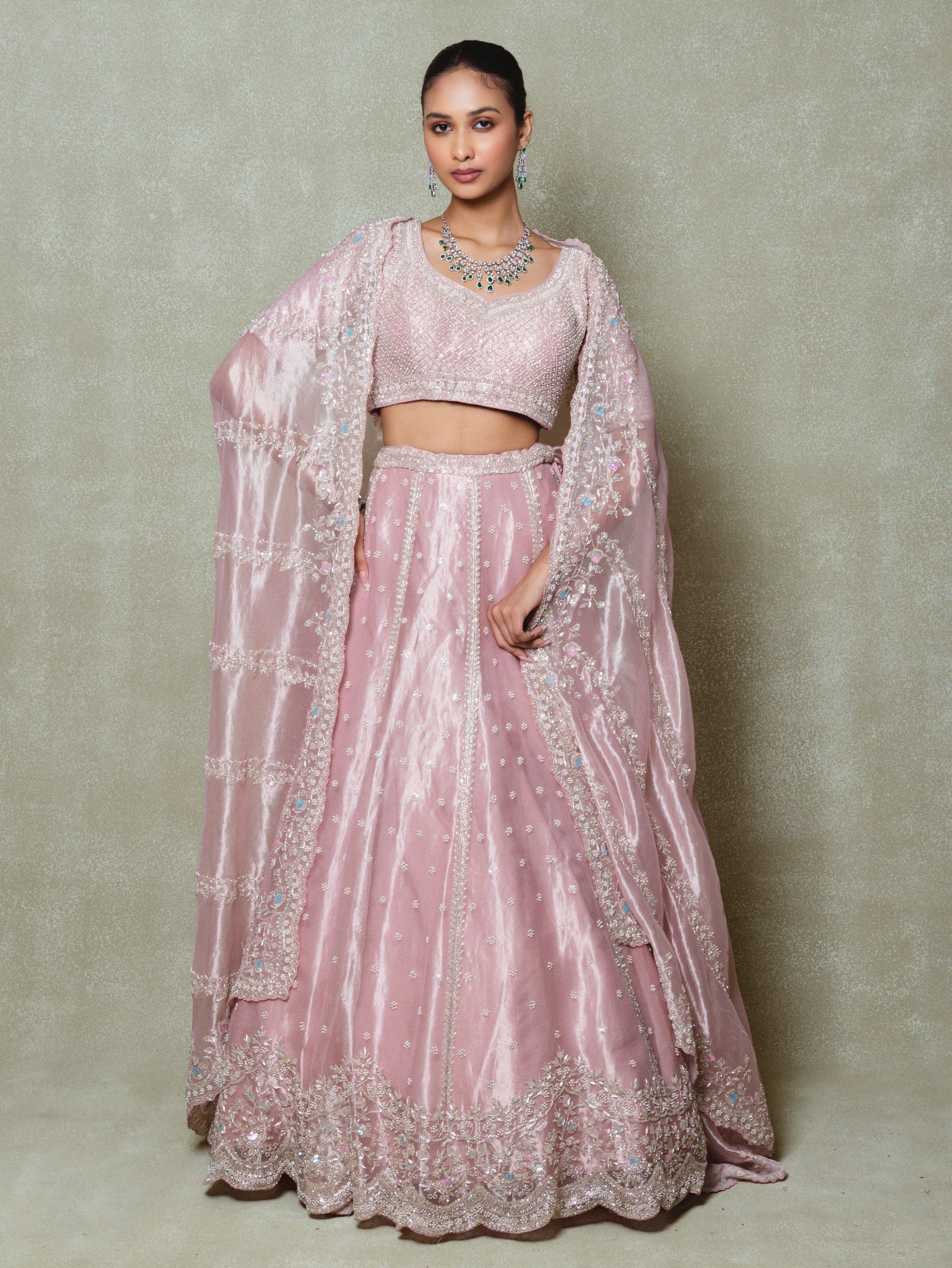 Pink Tissue Sequins Embroidered Lehenga Set