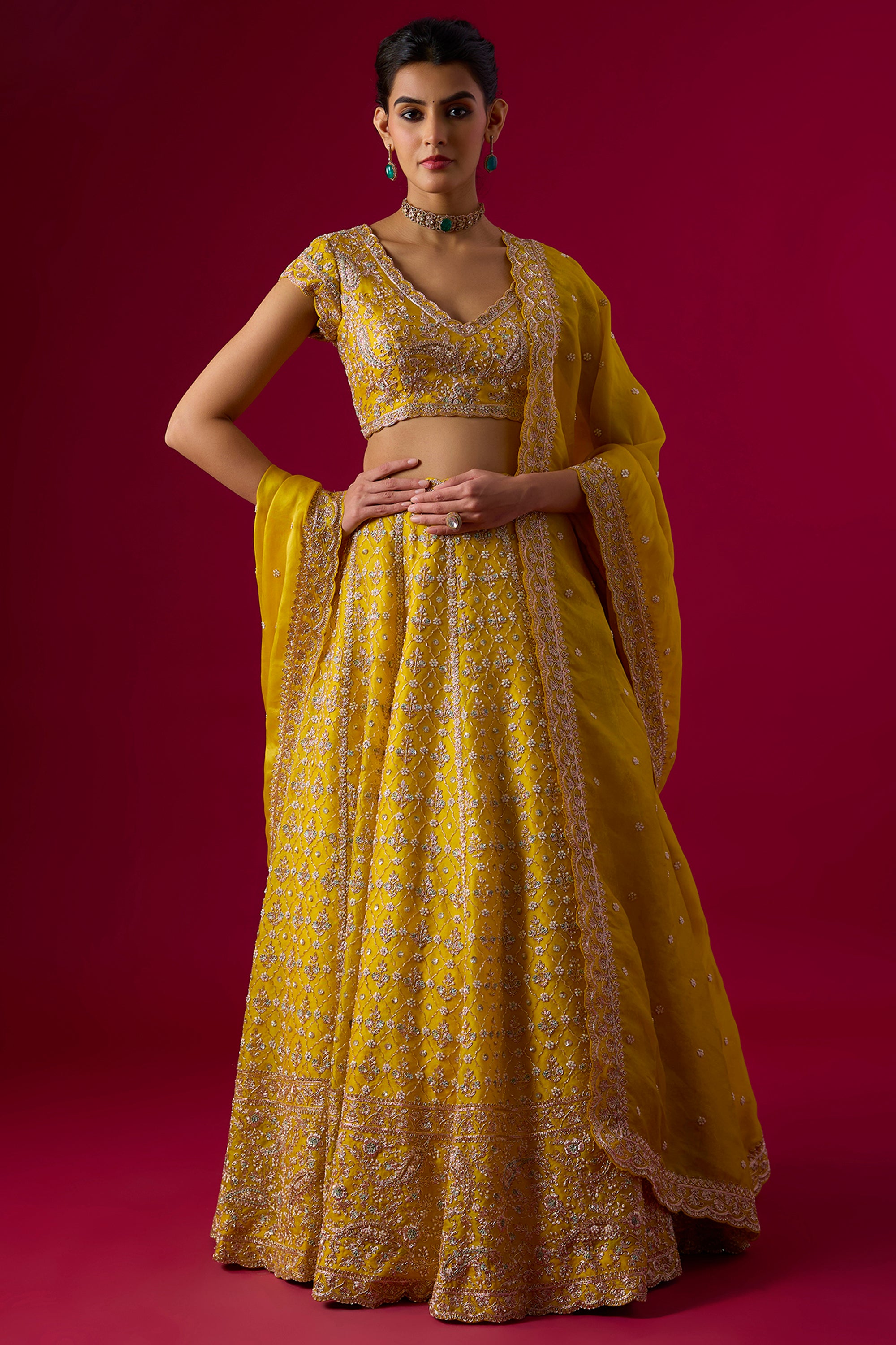 Yellow Organza Cutdana Embroidered Lehenga Set