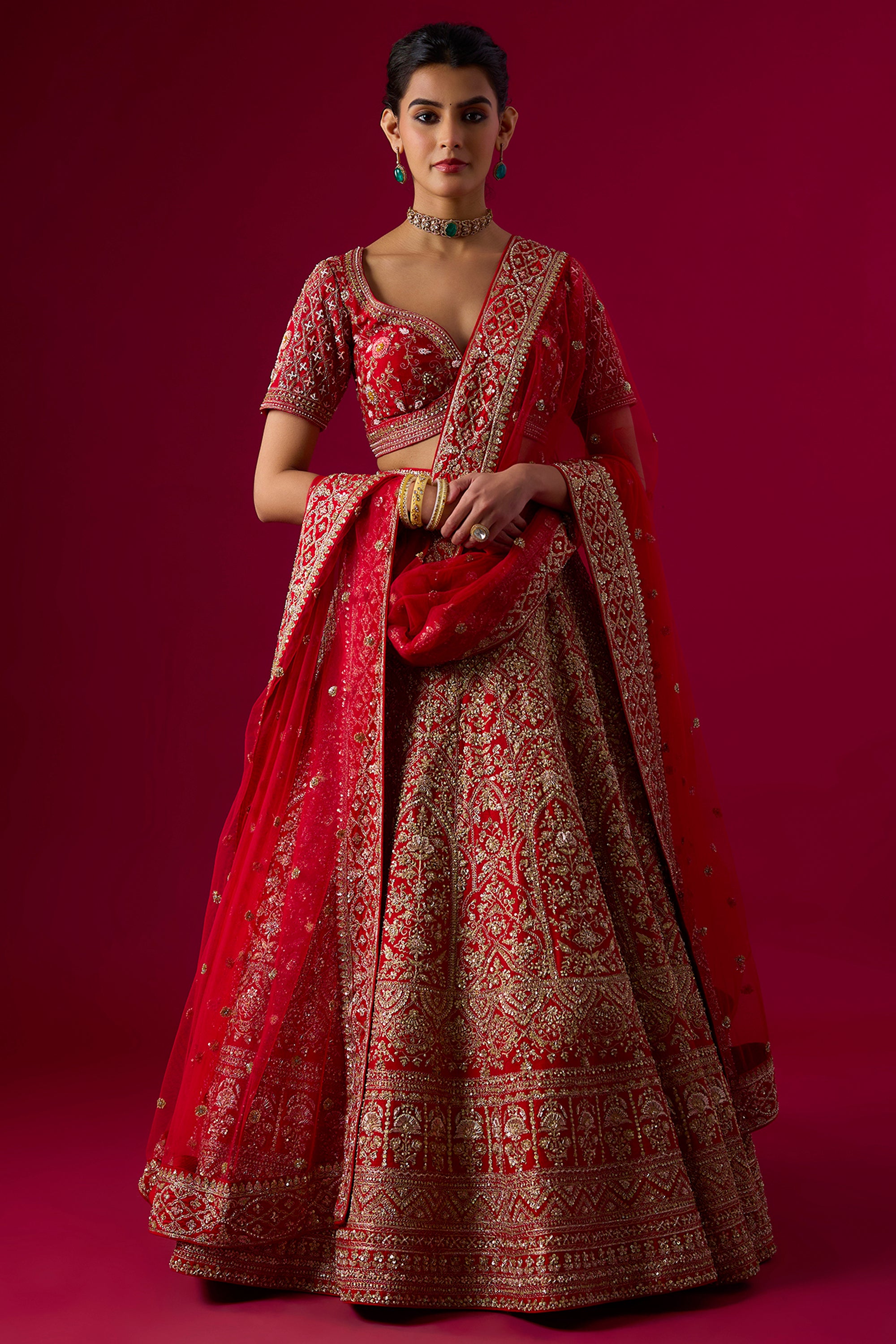 Red Silk Sequins Embroidered Lehenga Set