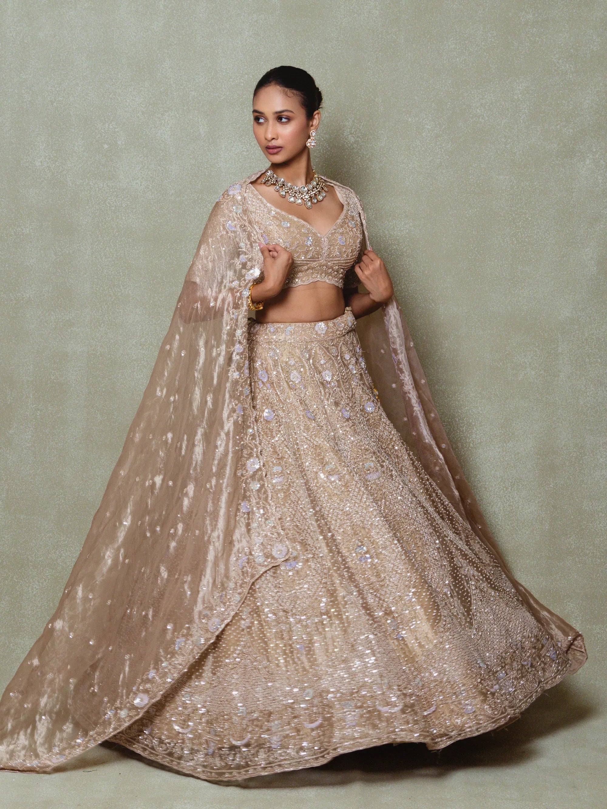 Brown Tissue Embroidered Lehenga Set - Vedant G
