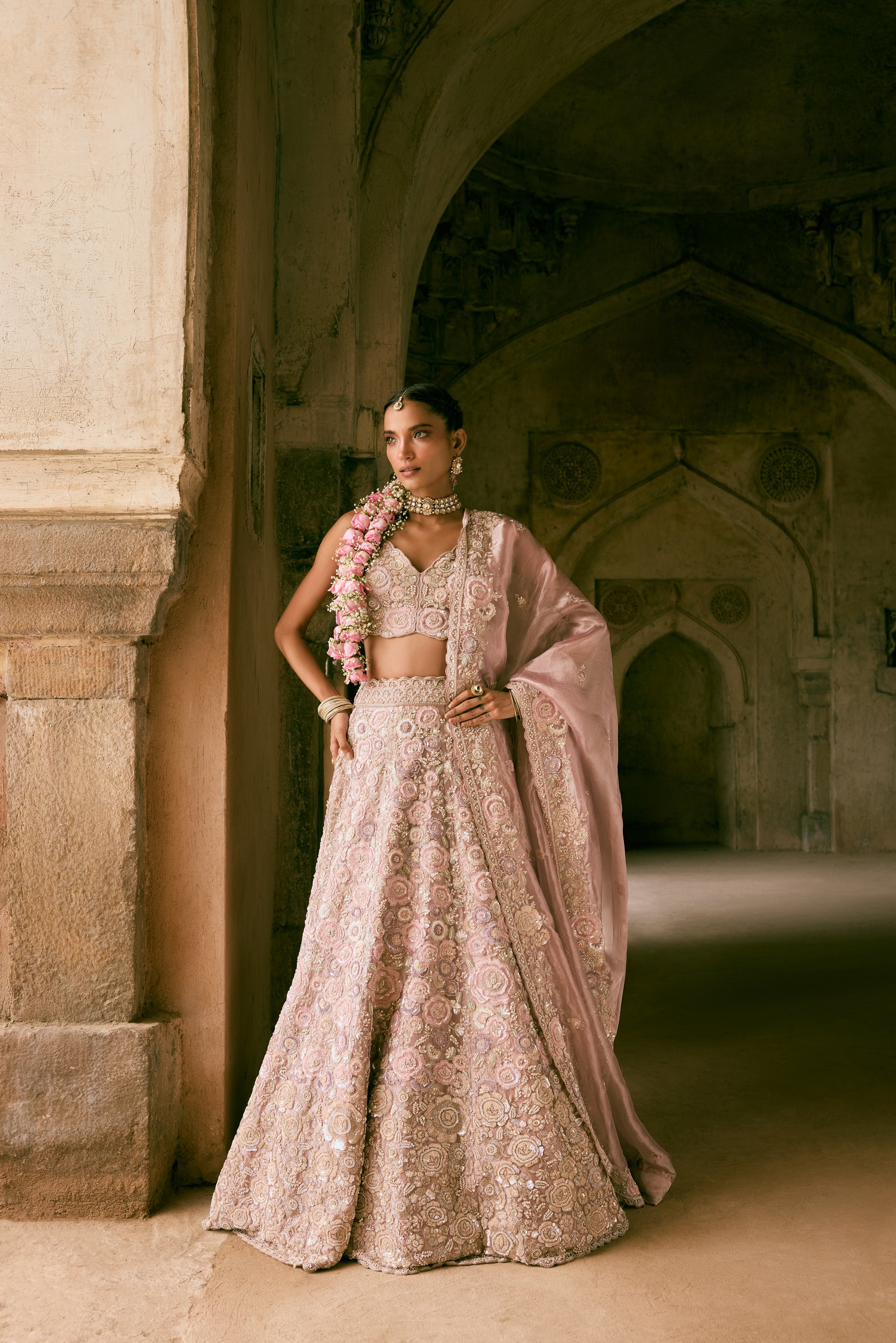 Lavender Tissue Sequins and Pearls Embroidered Lehenga Set