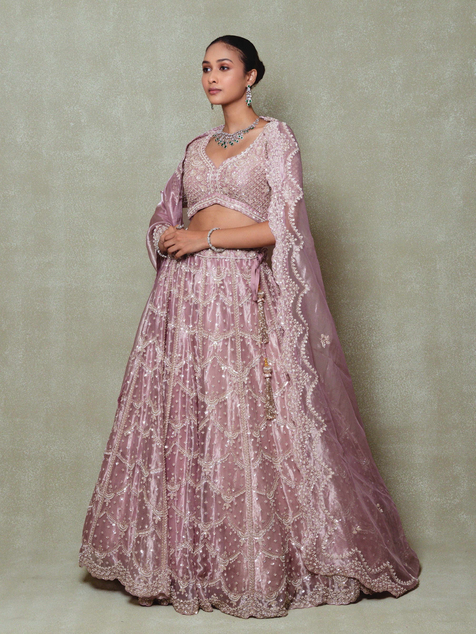 Rose Pink Tissue Pearls Embroidered Lehenga Set