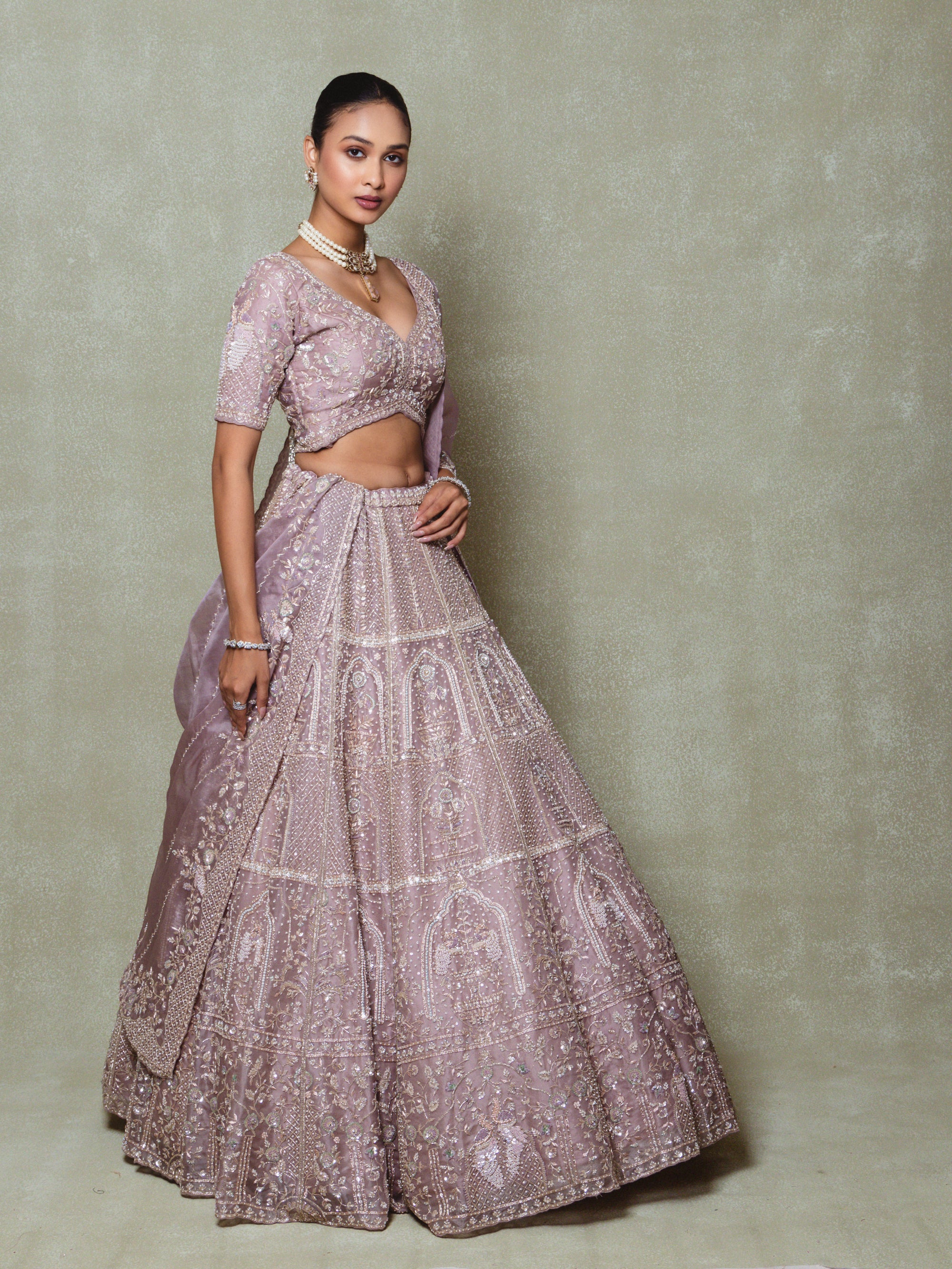 Lavender Tissue Pearls Embroidered Lehenga Set