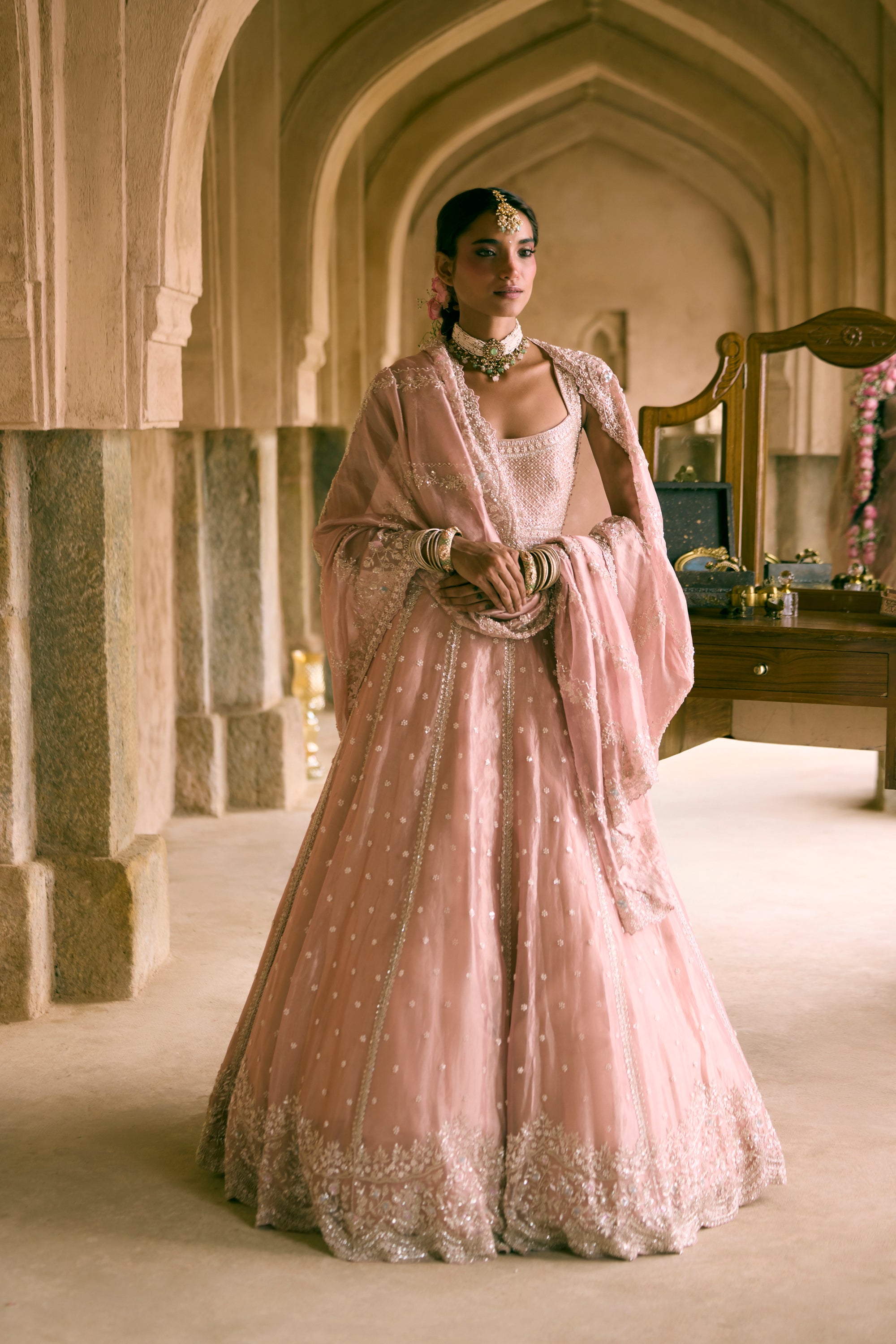 Rose Pink Tissue Sequins Embroidered Lehenga Set