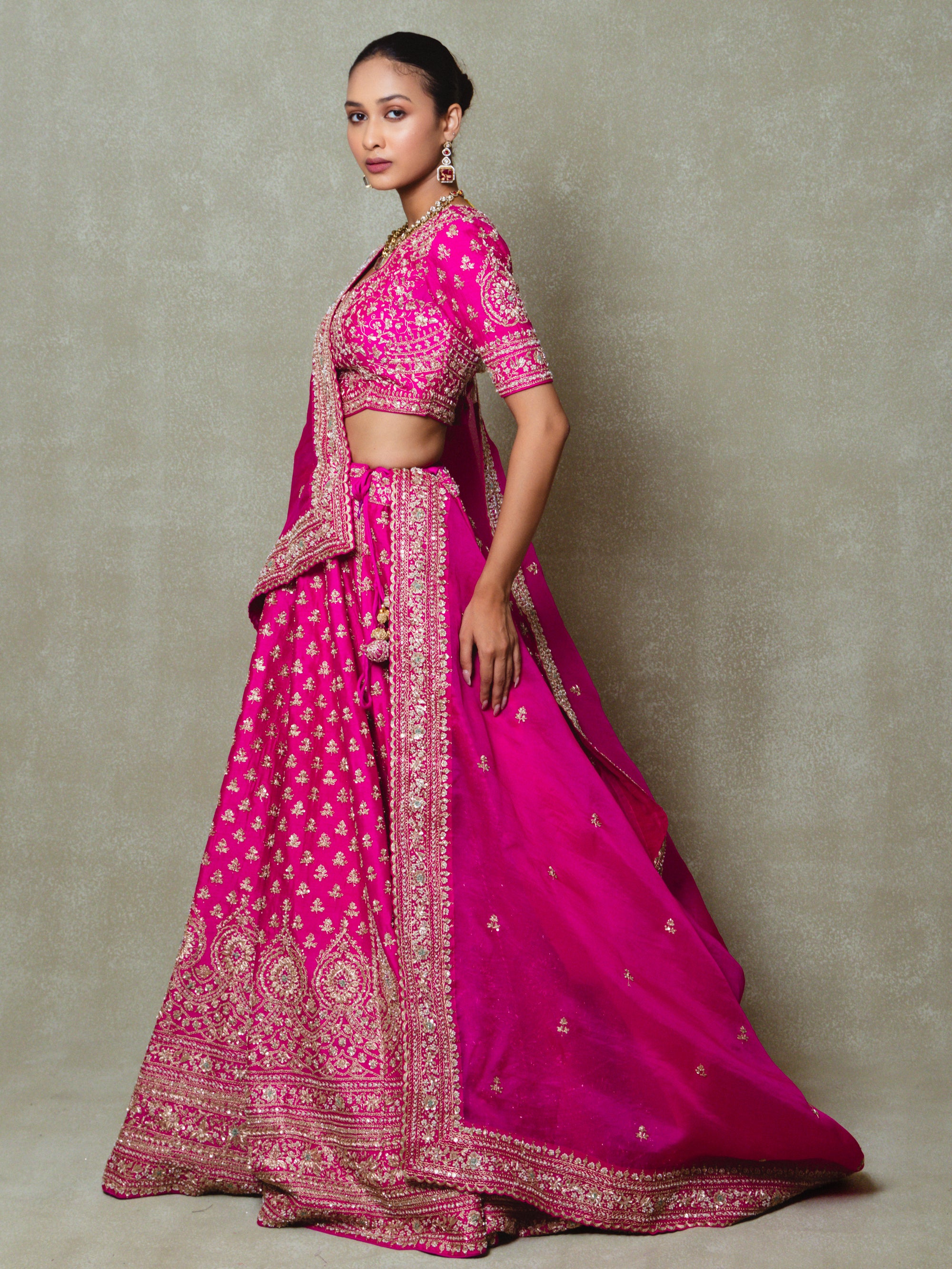 Rani Pink Tissue Embroidered Lehenga Set