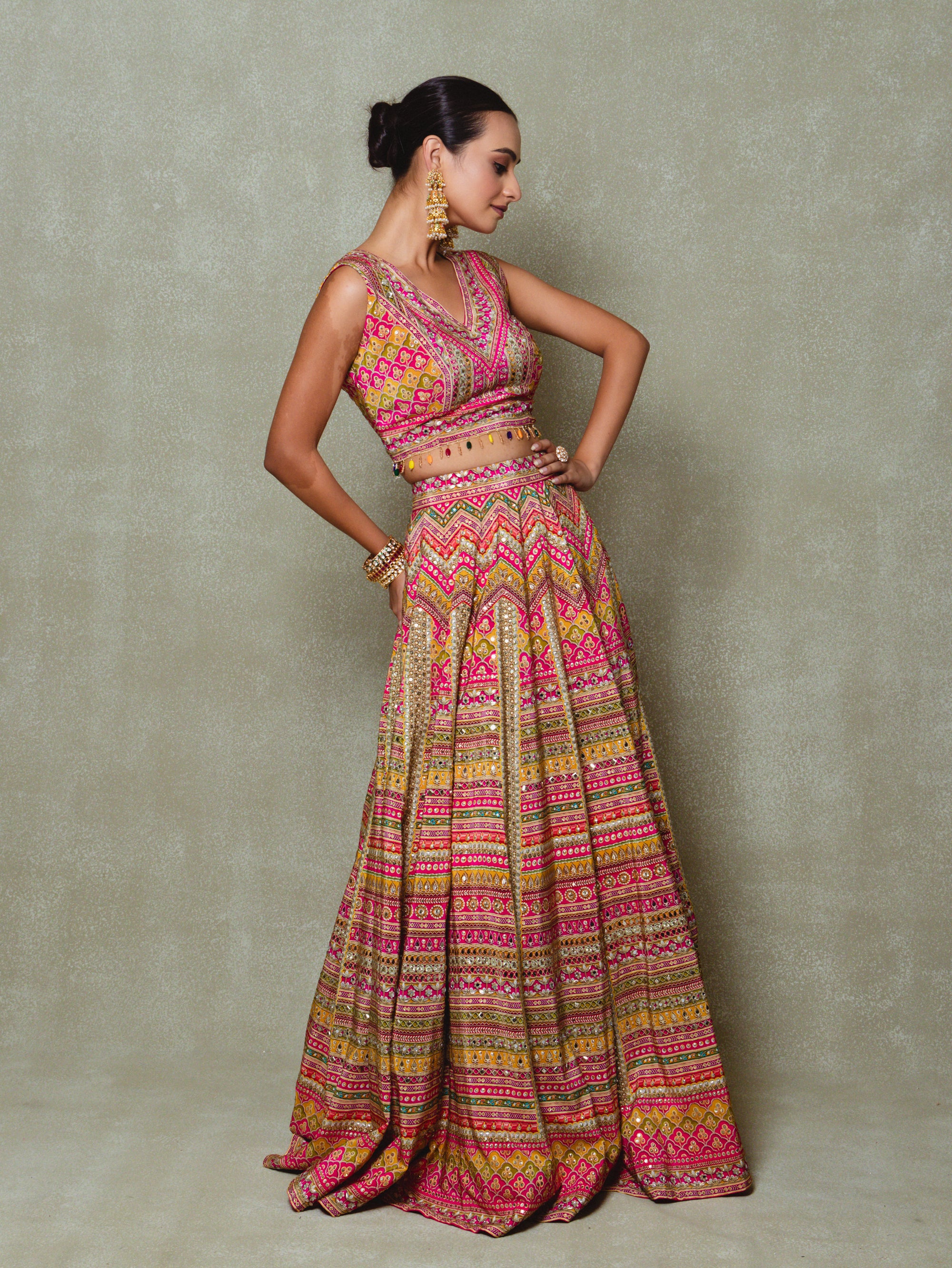 Pink Crepe Metallic Sequins Embellished Lehenga Set