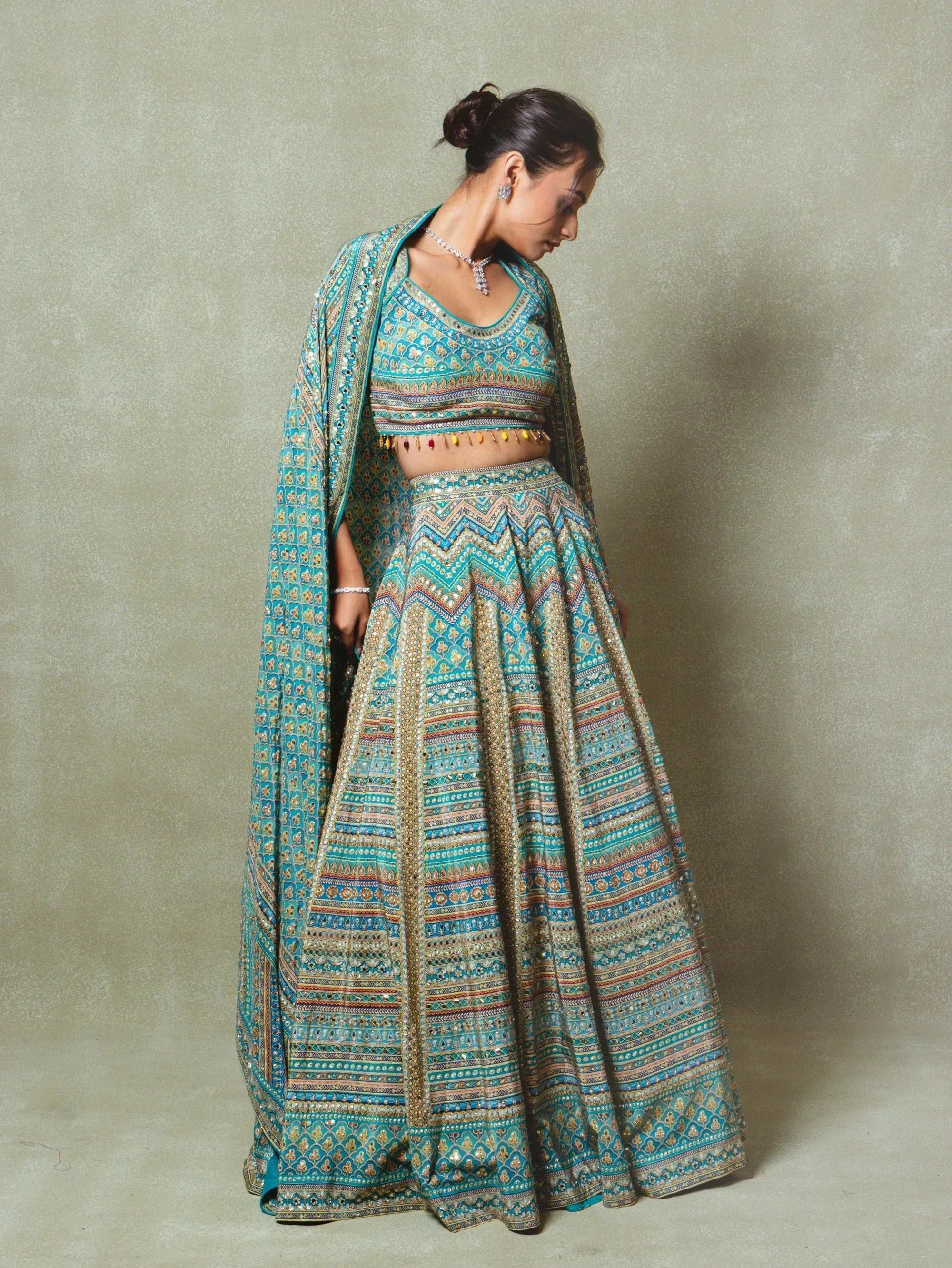 Blue Crepe Silk Digital Printed Lehenga Set - Vedant G