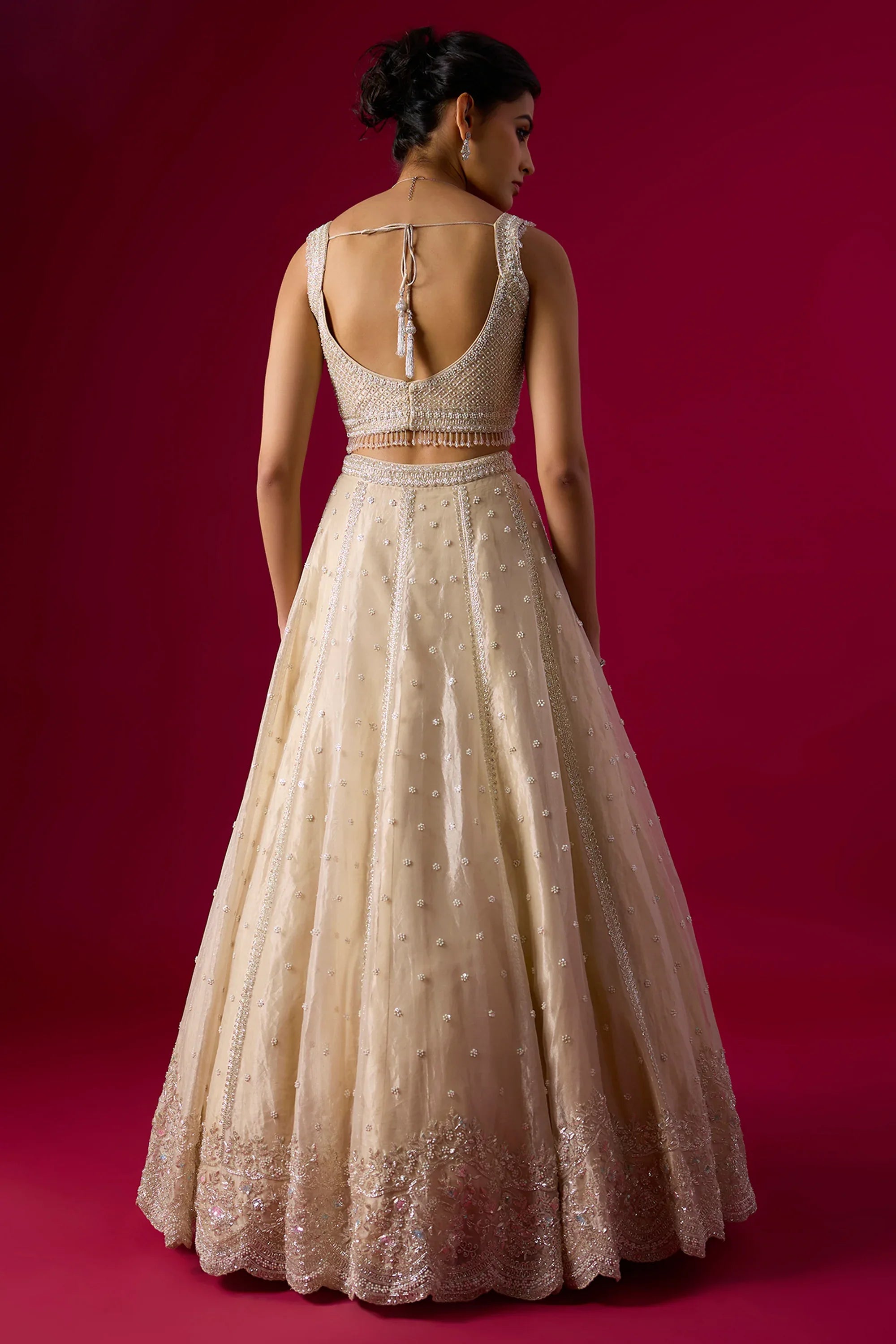 Champagne Tissue Sequins Embroidered Lehenga Set - Vedant G