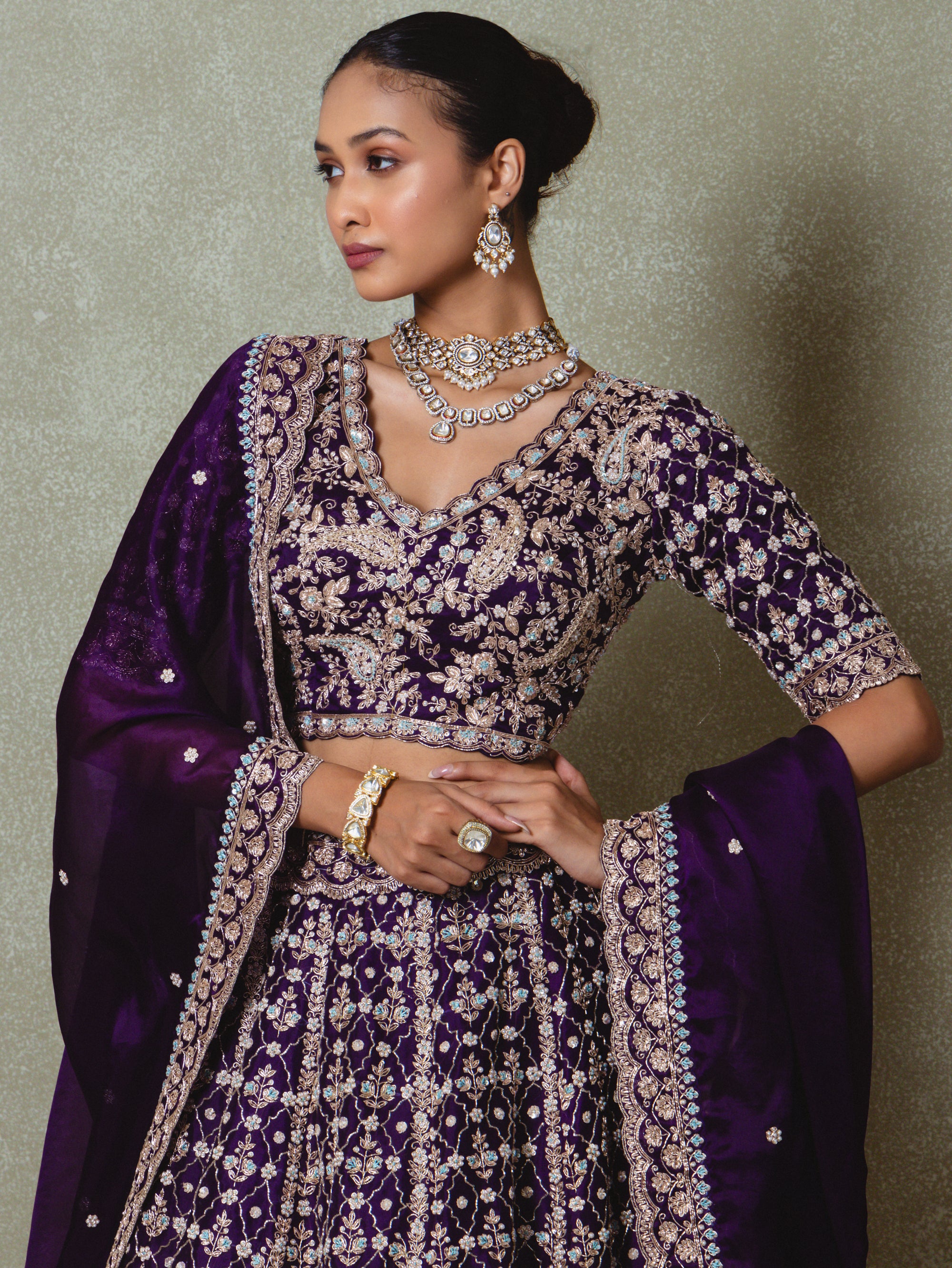 Purple Organza Cutdana Embroidered Lehenga Set